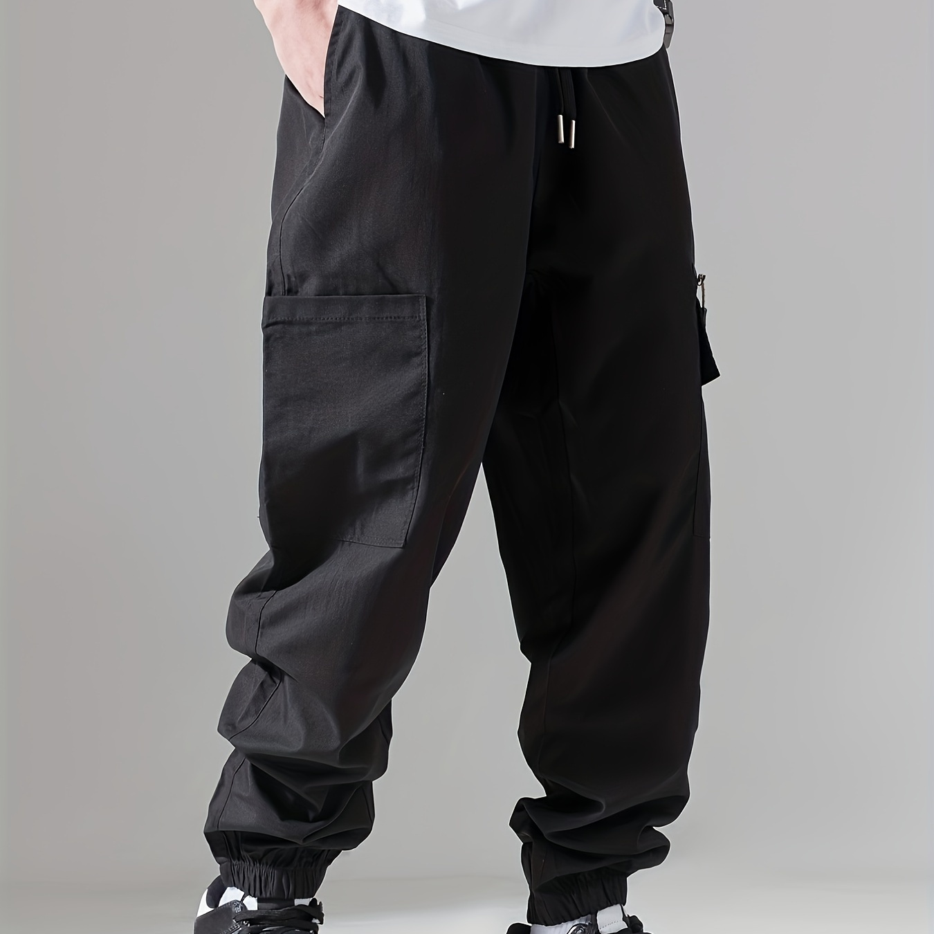 

Men's Casual Solid Cargo Pants With Pockets, Elastic Waistband And Cuff Loose Trousers, Streetwear Style Durable Fabric Sports Pants