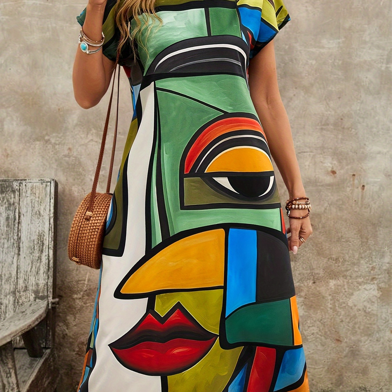 

Abstract Print Short Sleeve Dress, Casual Crew Neck Dress For Spring & Summer, Women's Clothing
