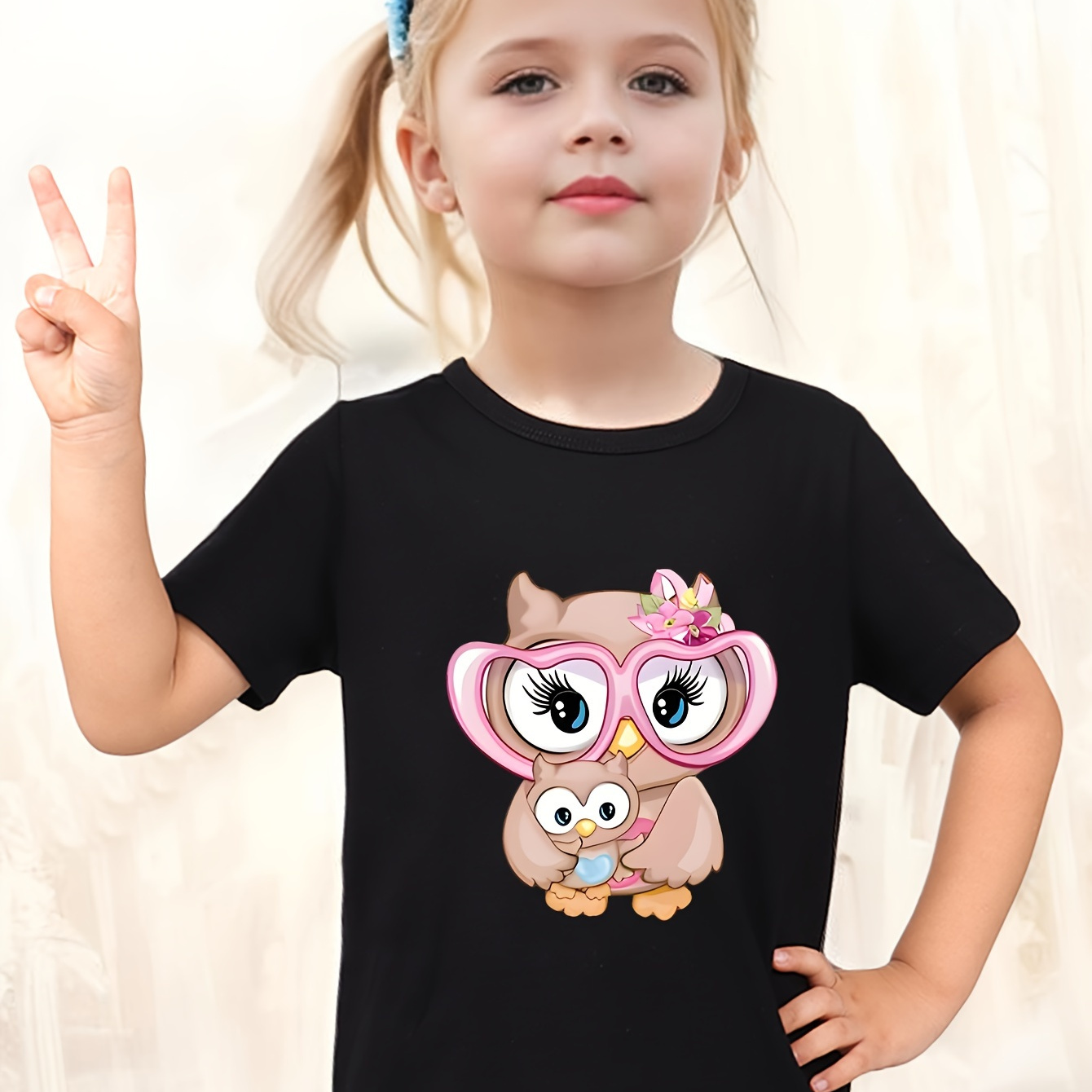 

100% Cotton, Adorable Owls Print Short Sleeve T-shirt, Casual & Versatile Tees Tops For Girls Summer Christmas Gift