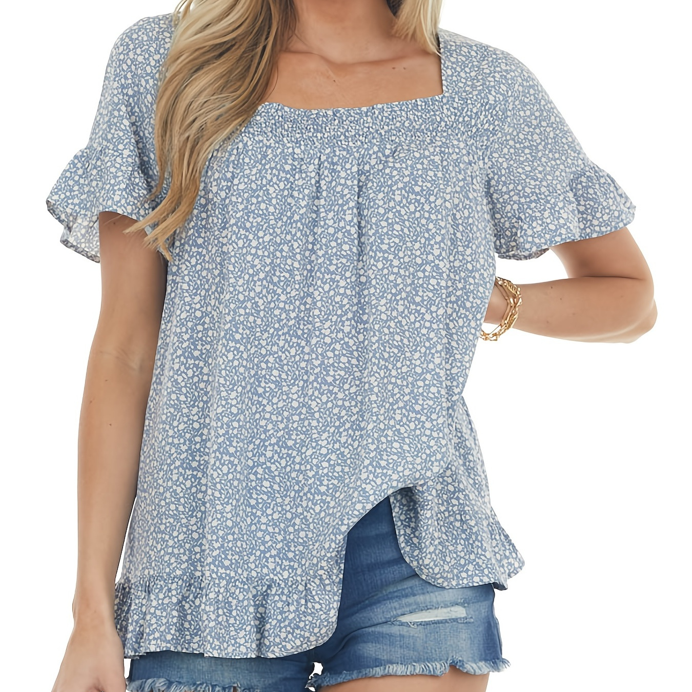 

Square Neck Babydoll Blouse, Short Sleeve Casual Top For Summer & Spring, Women's Clothing