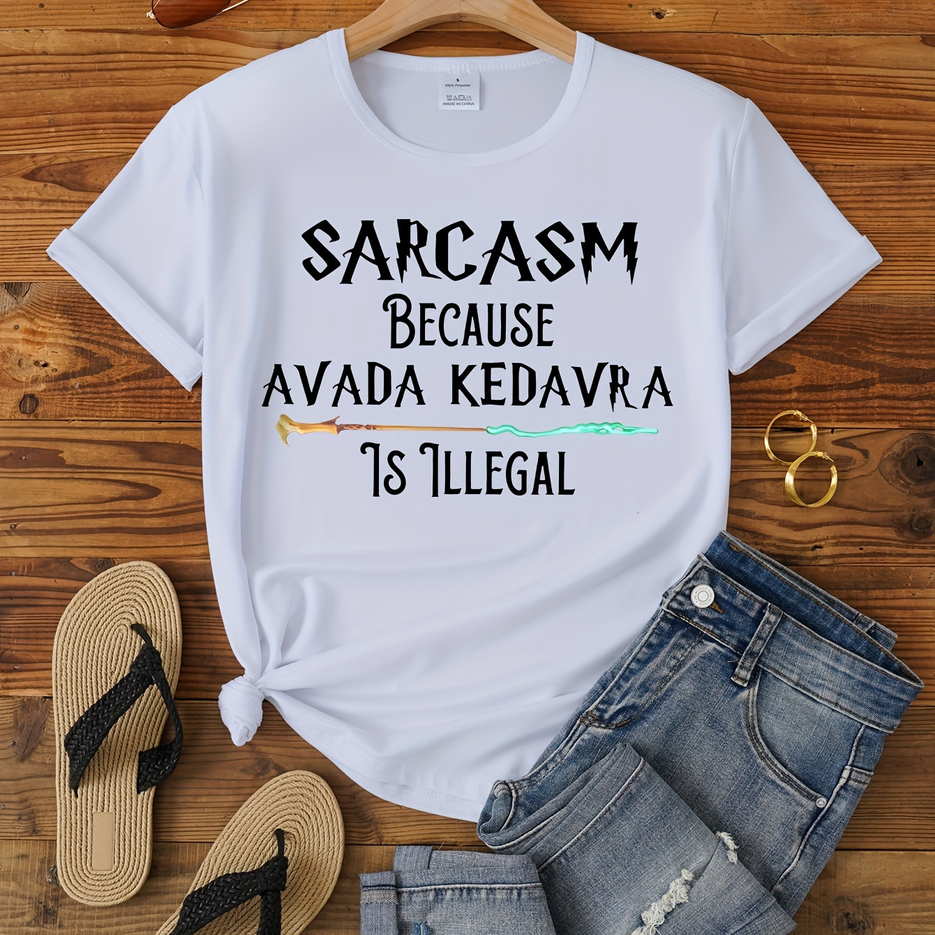 

Sarcasm Print Crew Neck T-shirt, Short Sleeve Casual Top For Summer & Spring, Women's Clothing
