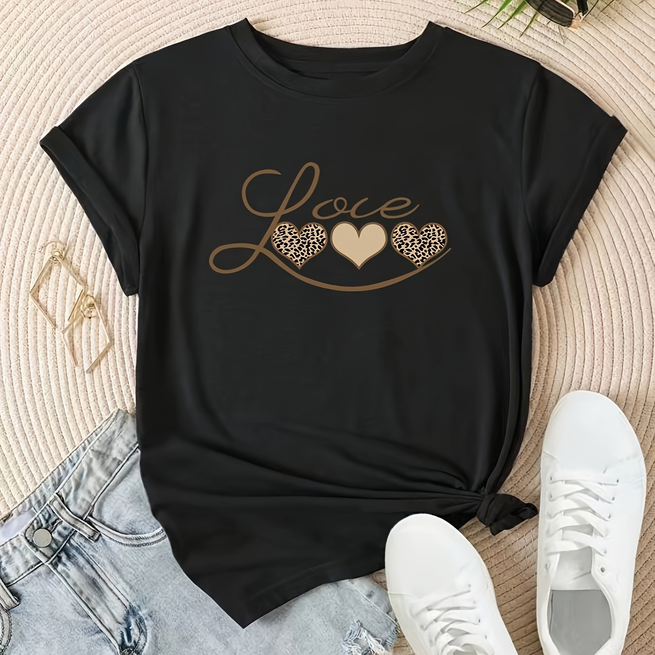 

Heart Neck T-shirt, Casual Short Sleeve T-shirt For , Women's Clothing