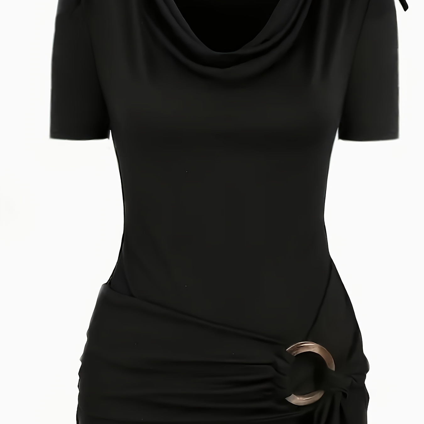 

Ring Decor Cowl Neck T-shirt, Casual Short Sleeve Slim Top For Spring & Summer, Women's Clothing