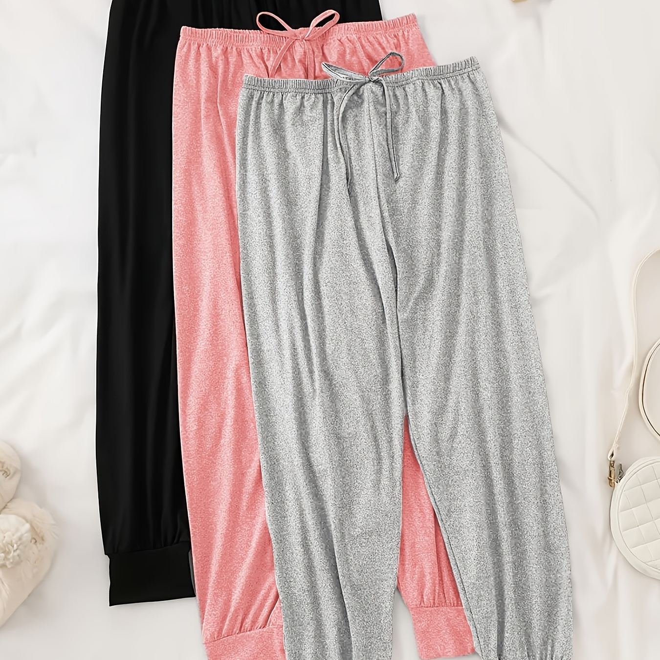 

3pcs Plus Size Women' Pants With Bow Detail - Cozy Polyester , Solid Color Sleepwear Trousers, Waistband, , Plus Size Pants