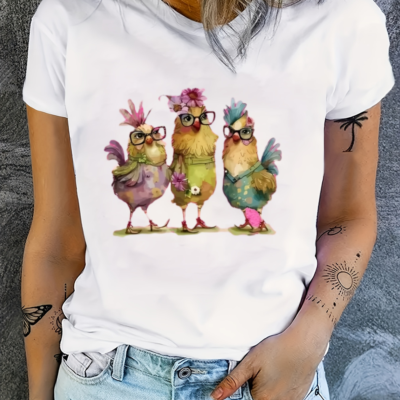

Chicken Print Crew Neck T-shirt, Short Sleeve Casual Top For Summer & Spring, Women's Clothing