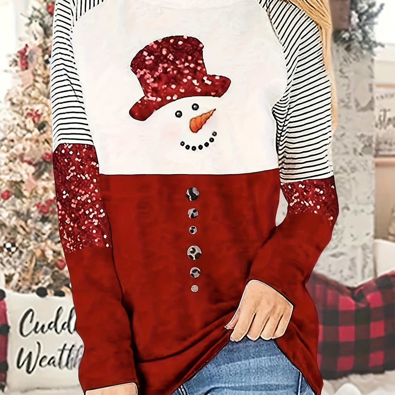 

Snowman & Stripe Print Crew Neck T-shirt, Casual Long Sleeve Top For Spring & Fall, Women's Clothing