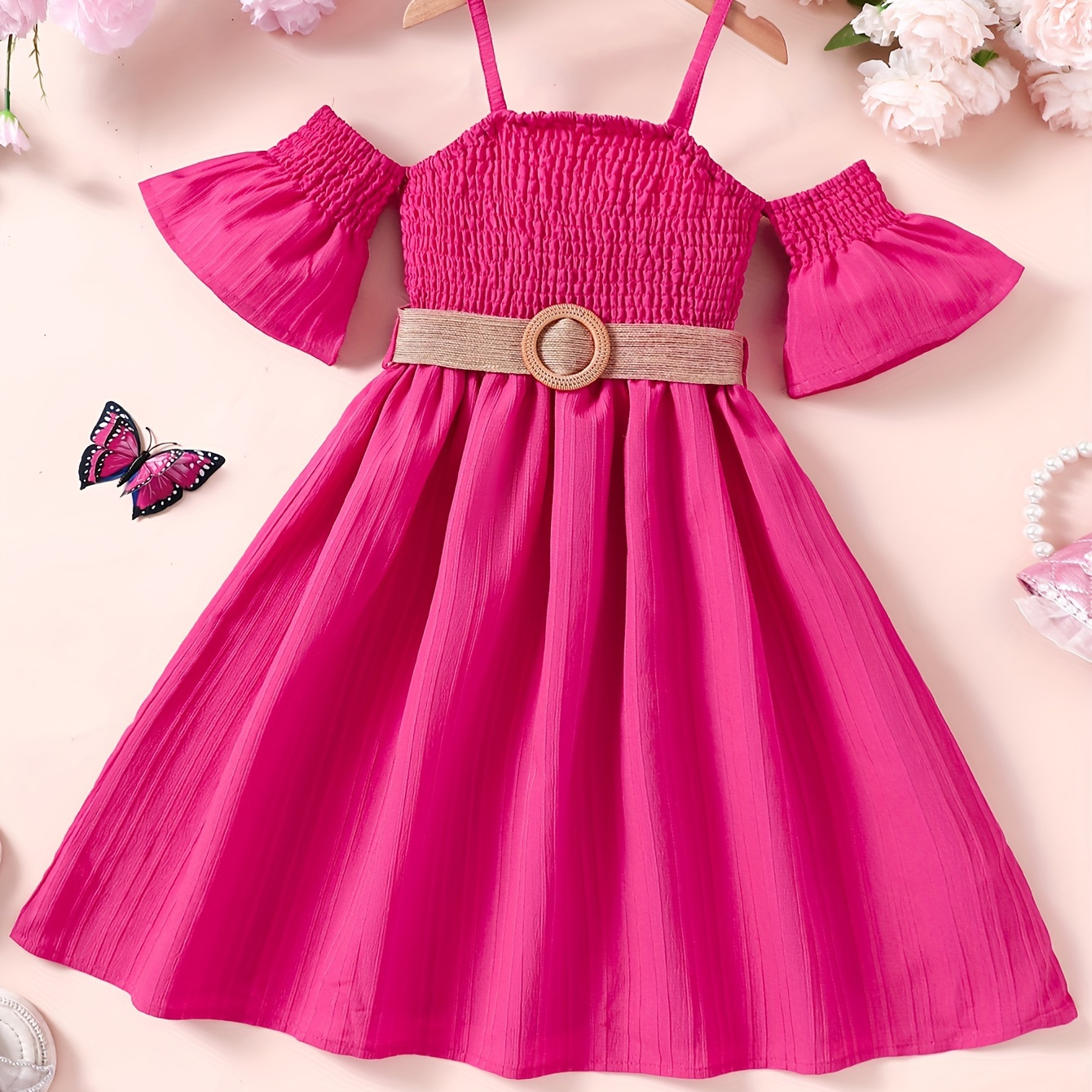 

Fashionable Off-shoulder Dress For Girls, Solid Color Summer Smocked Dress With Belt