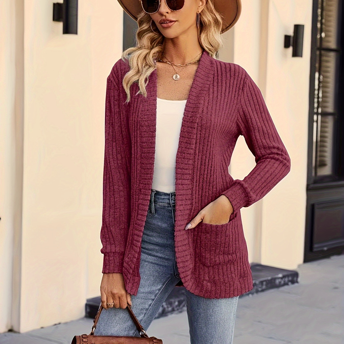 

Solid Open Front Cardigan, Casual Long Sleeve Drop Shoulder Outwear For Spring & Fall, Women's Clothing