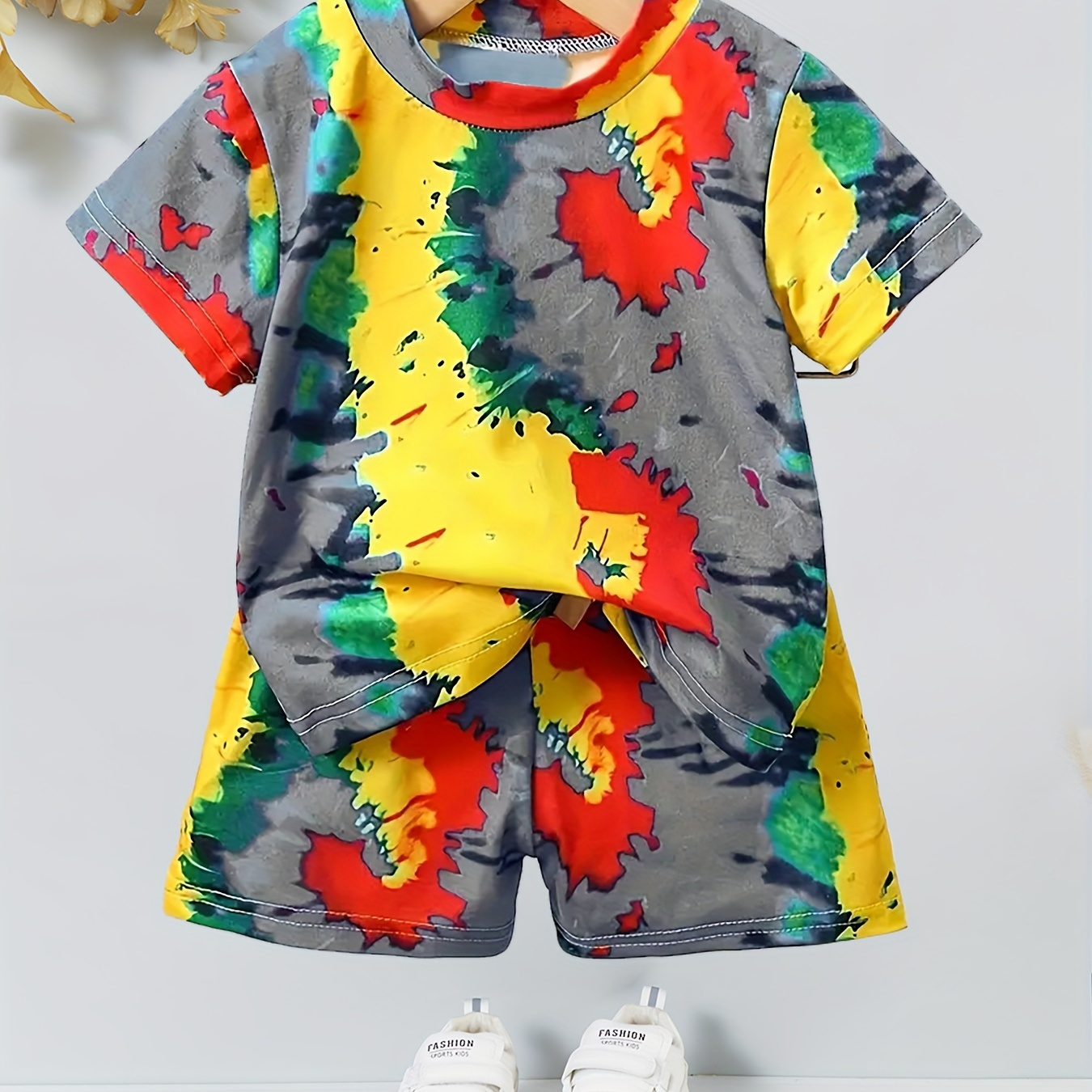 

2pcs Boy's Trendy Tie Dye Short-sleeve Outfit, Crew Neck T-shirt & Comfy Shorts Set, Kid's Clothes For Summer