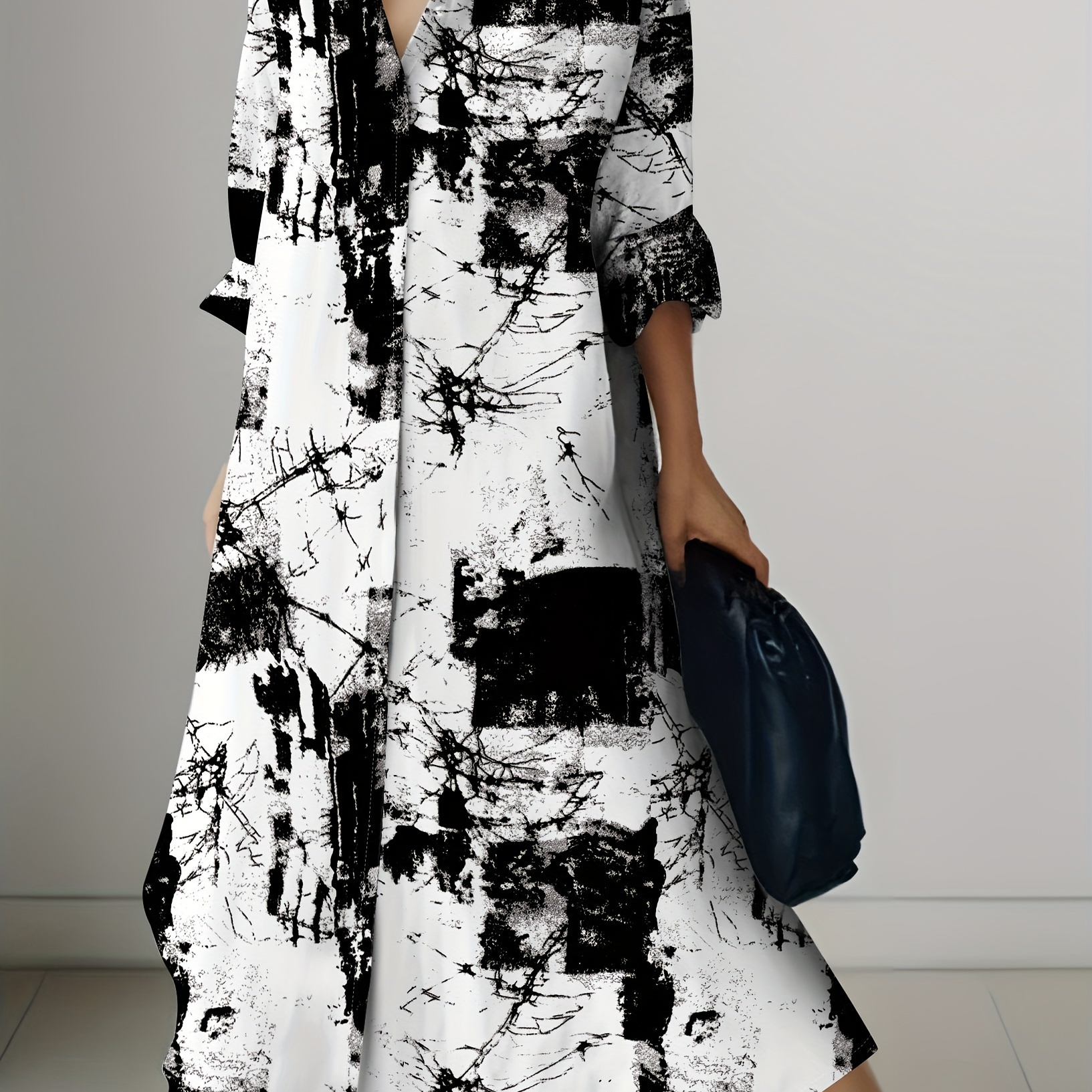 

Print Button Front Shirt Dress, Elegant Long Sleeve Collared Loose Maxi Dress, Women's Clothing