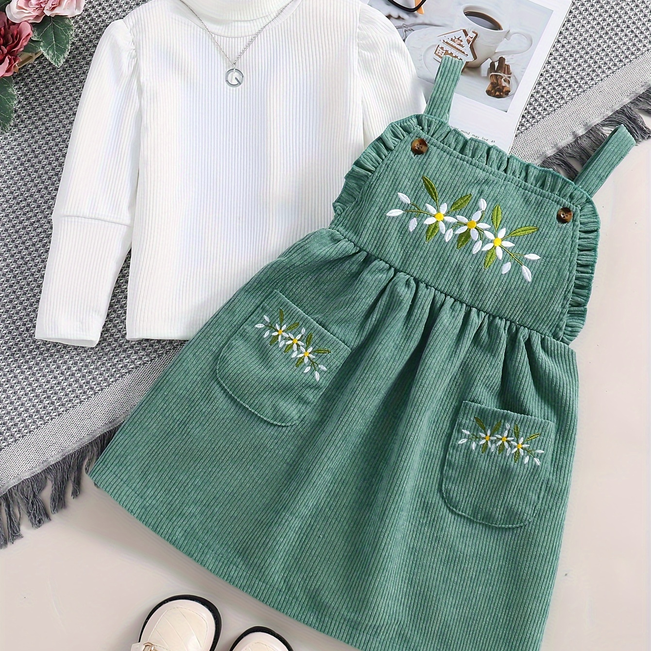 

2pcs Girl's Corduroy Dress Outfit, Ribbed Top & Floral Embroidered Overall Dress Set, Toddler Kid's Clothes For Spring Autumn Winter