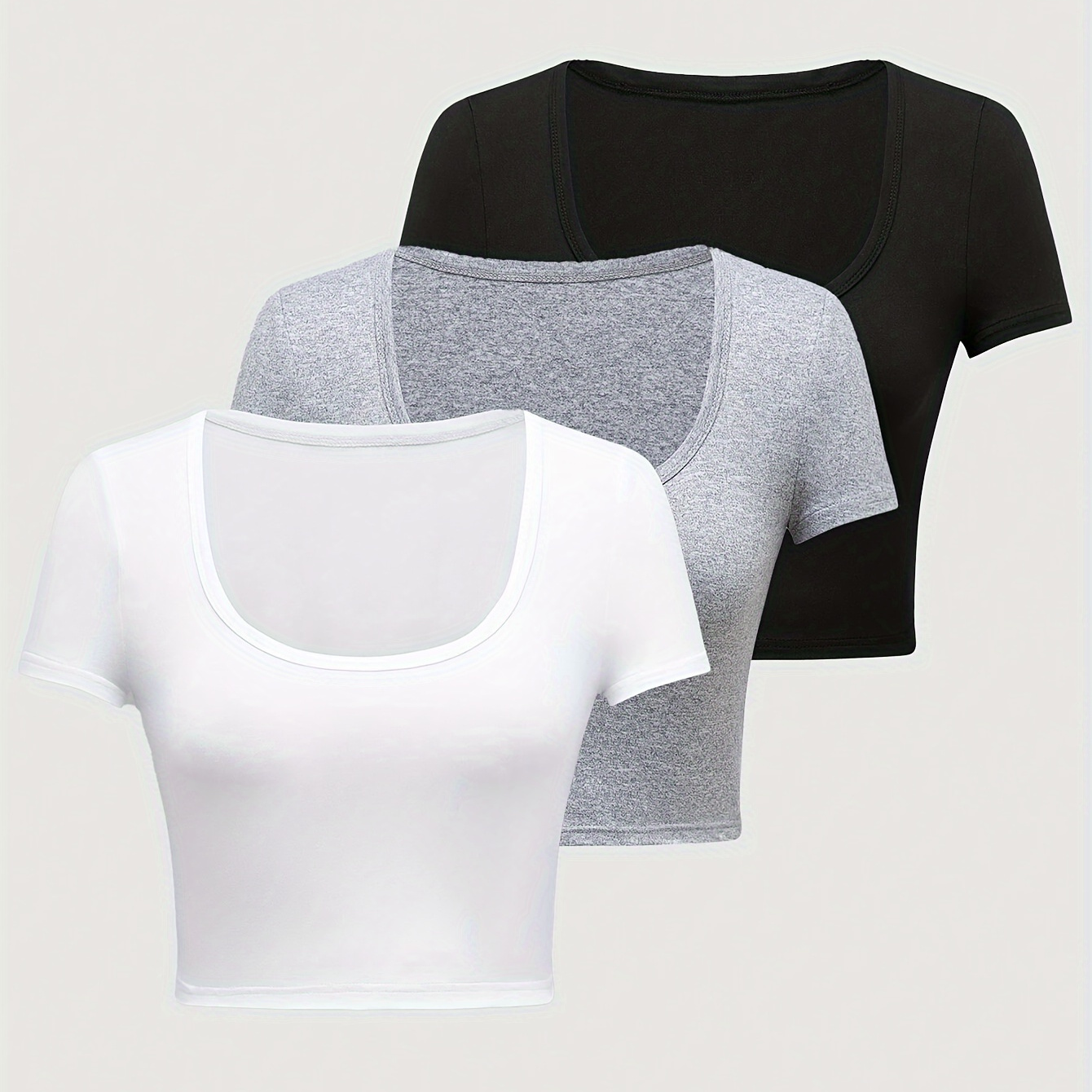 

3 Pack Solid Color Slim Crop T-shirt, Versatile Short Sleeve T-shirt For Spring & Summer, Women's Clothing