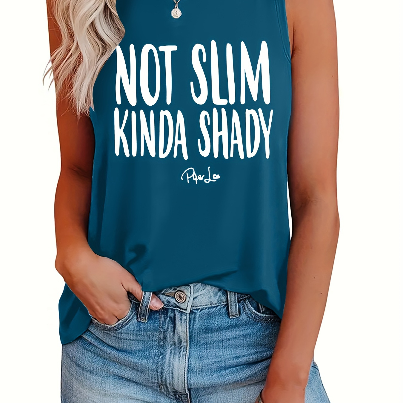 

Plus Size Not Slim Print Tank Top, Casual Crew Neck Sleeveless Top For Summer, Women's Plus Size Clothing