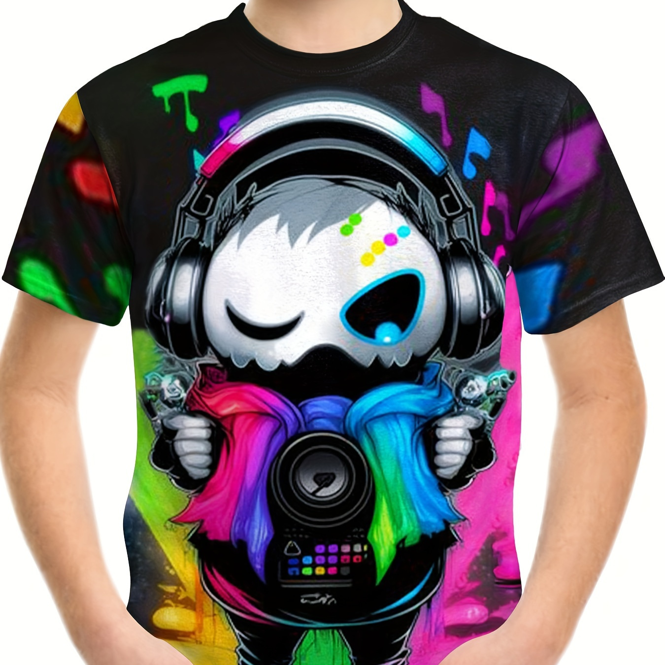 

Trendy Colorful Dj Print, Boy's Round Neck Casual Short Sleeve T-shirt, Comfortable Soft Skin-friendly Top