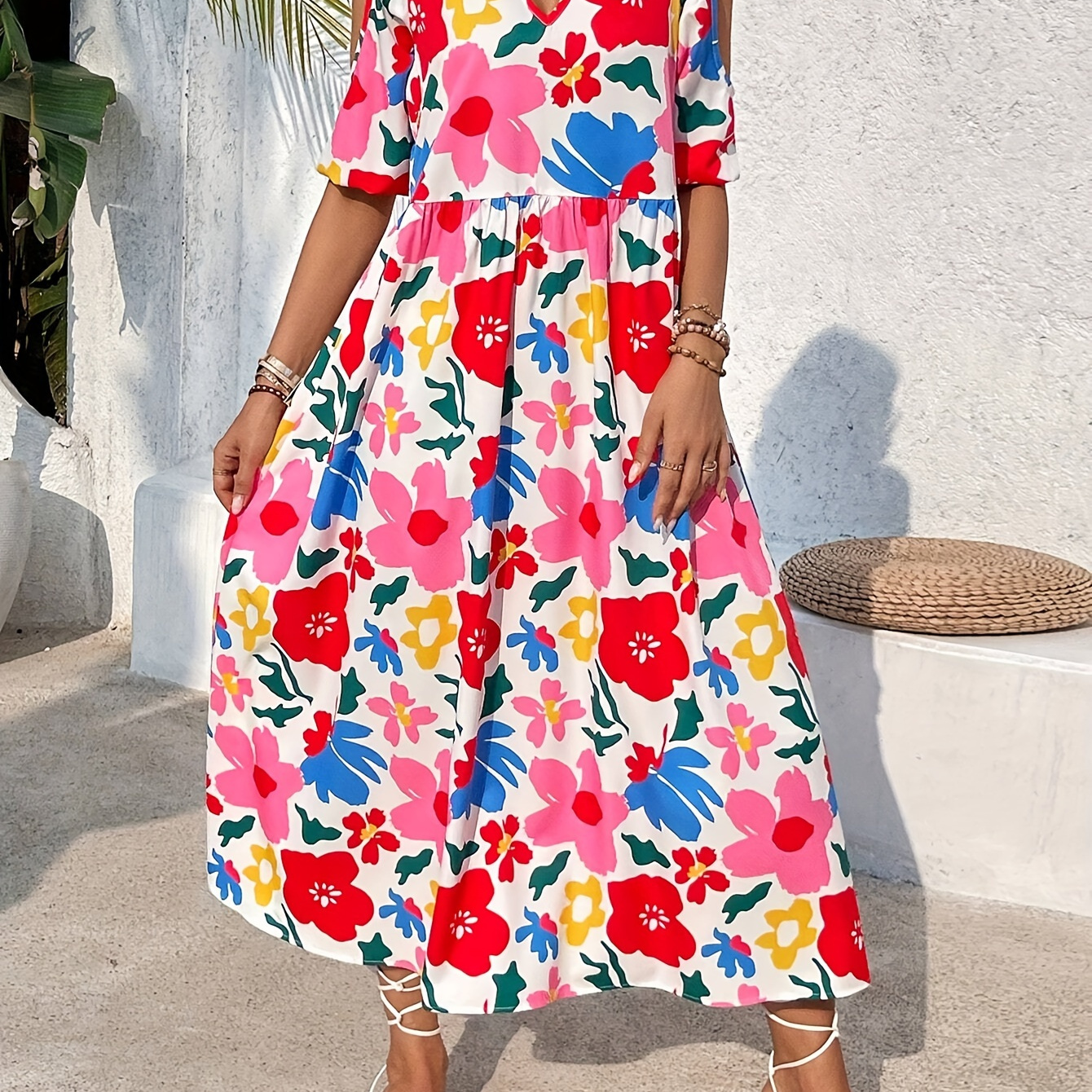 

Floral Print V-neck Dress, Elegant Loose Short Sleeve Maxi Dress For Spring & Summer, Women's Clothing