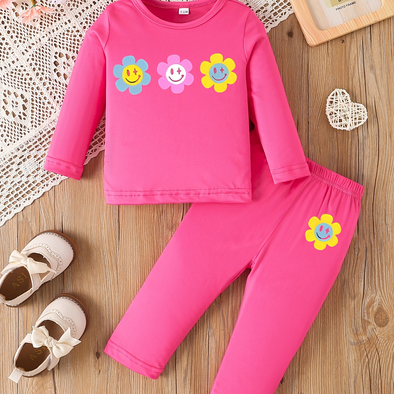 

2pcs Baby's Cartoon Happy Flower Print Long Sleeve T-shirt & Casual Pants, Toddler & Infant Girl's Clothing Set For Spring Fall