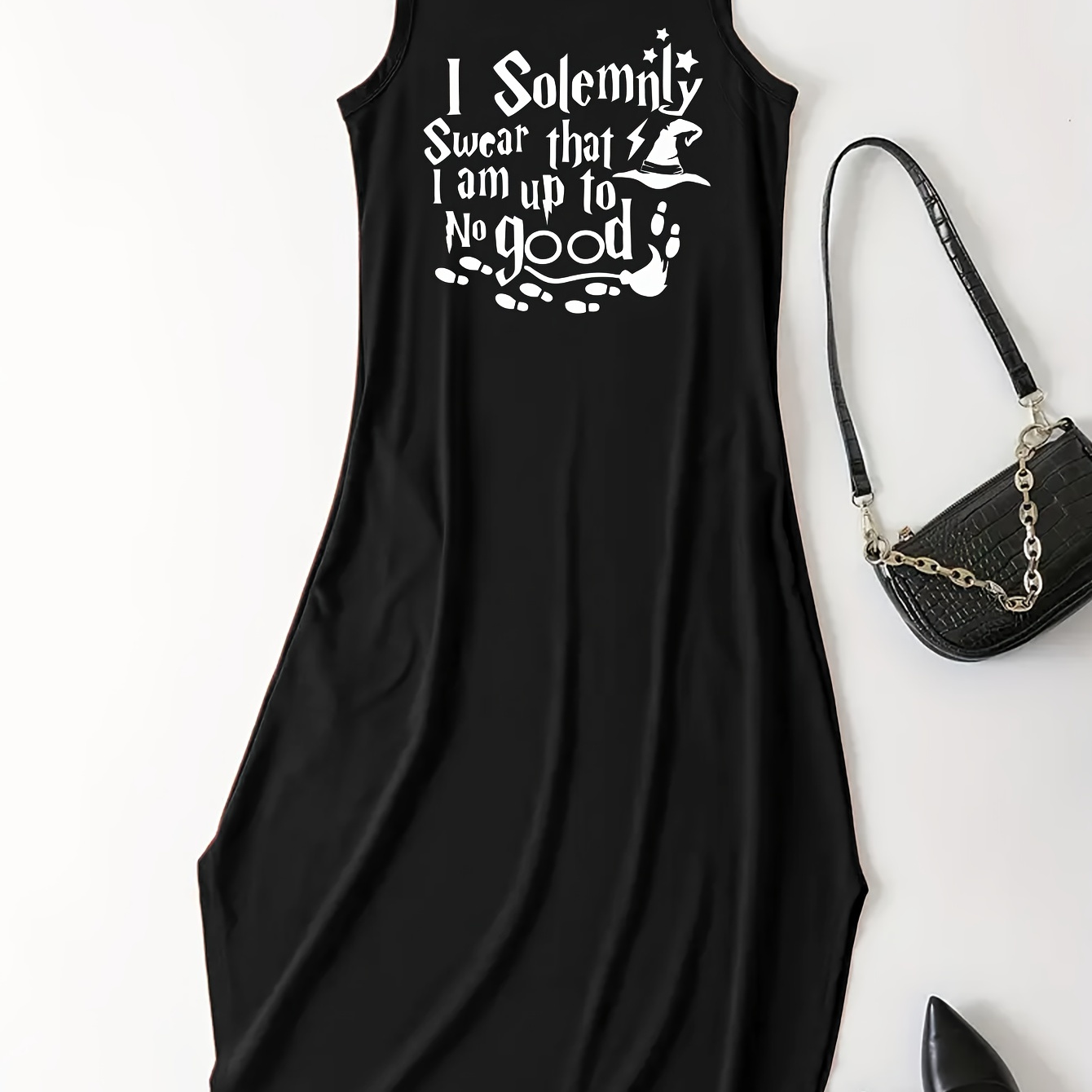 

Letter Print Dress, Casual Crew Neck Sleeveless Maxi Dress, Women's Clothing
