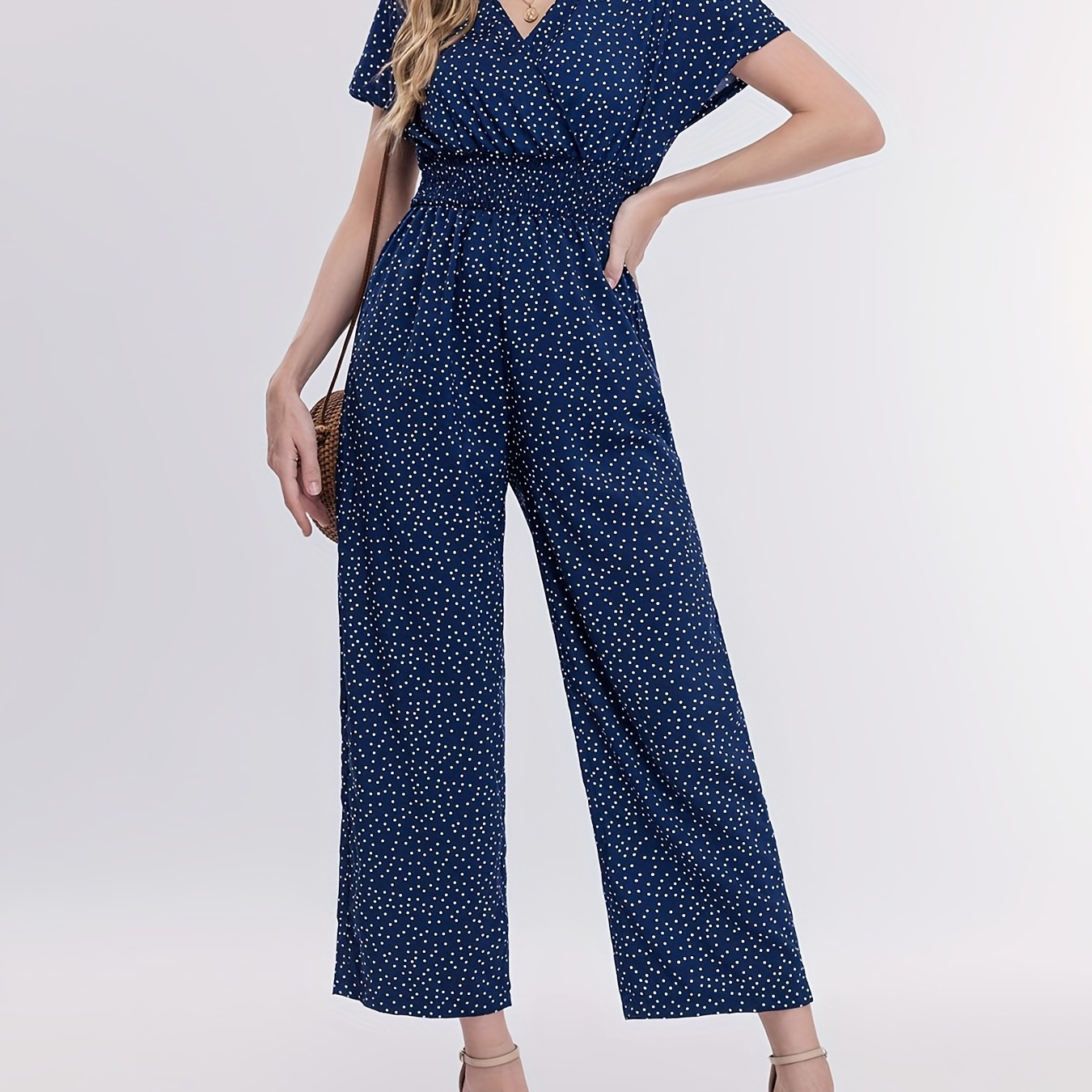 

Polka Dot V Neck Jumpsuit, Casual Short Sleeve Jumpsuit For Spring & Summer, Women's Clothing