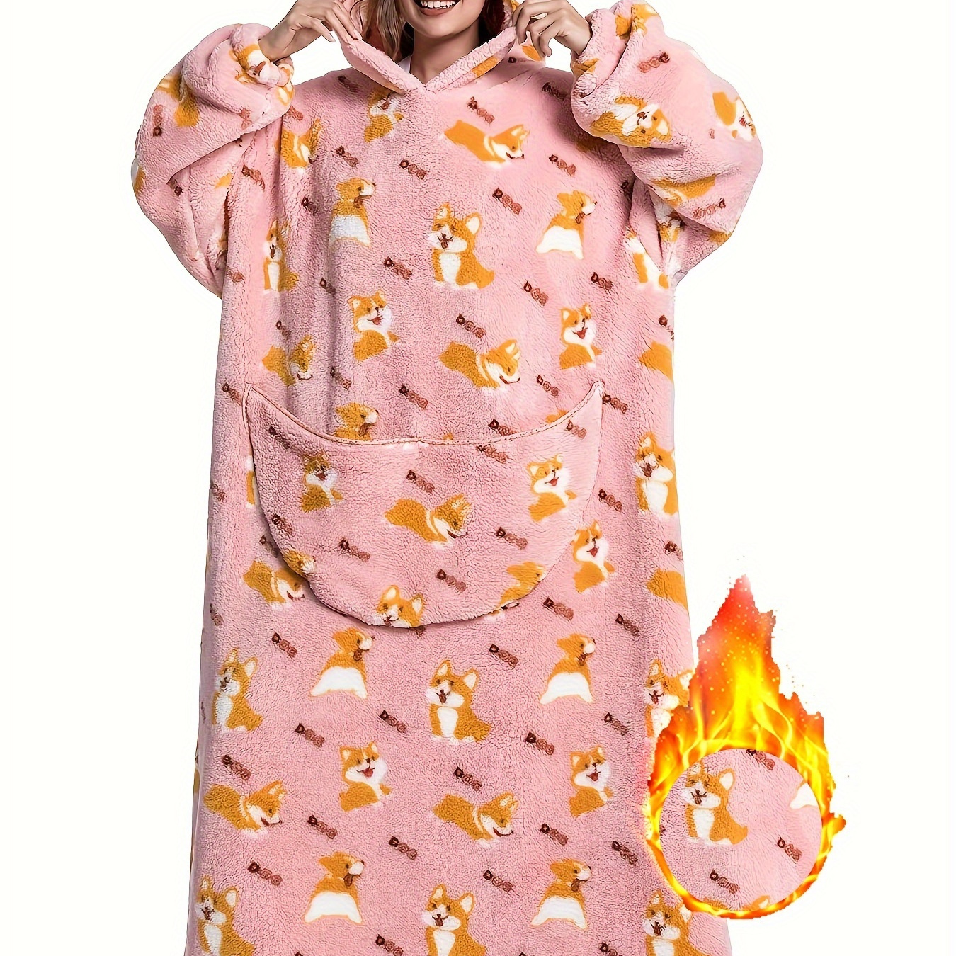 

Plus Size Dog Print Flannel Blanket Hoodie, Winter Soft And Cozy Plush Hooded Outwear, Women's Plus Size Clothing