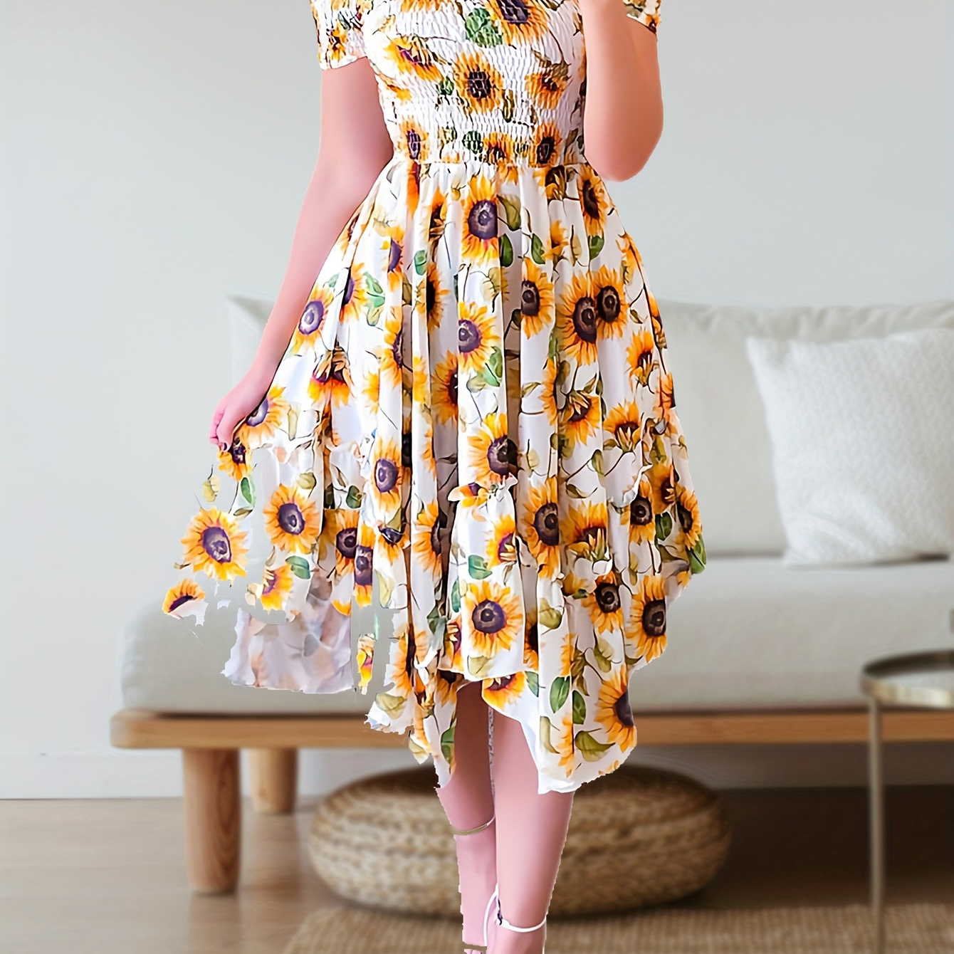 Short Sleeved Sunflower Midi Dress In Blue Sunflower-Printed Midi 