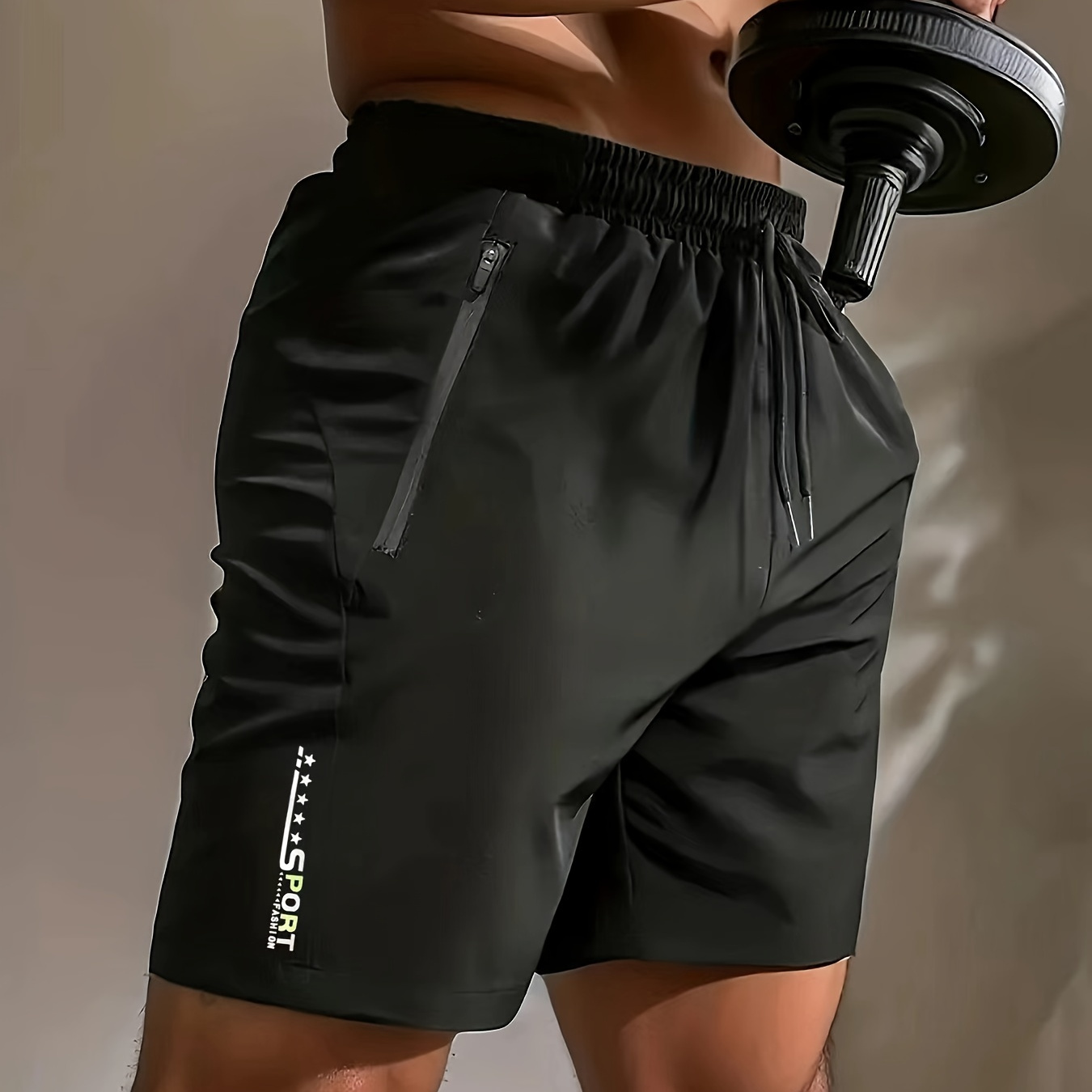 

Men's Solid Fashion Active Shorts With Zipper Pockets, Drawstring Shorts For Summer Resort, Summer Sports Activities