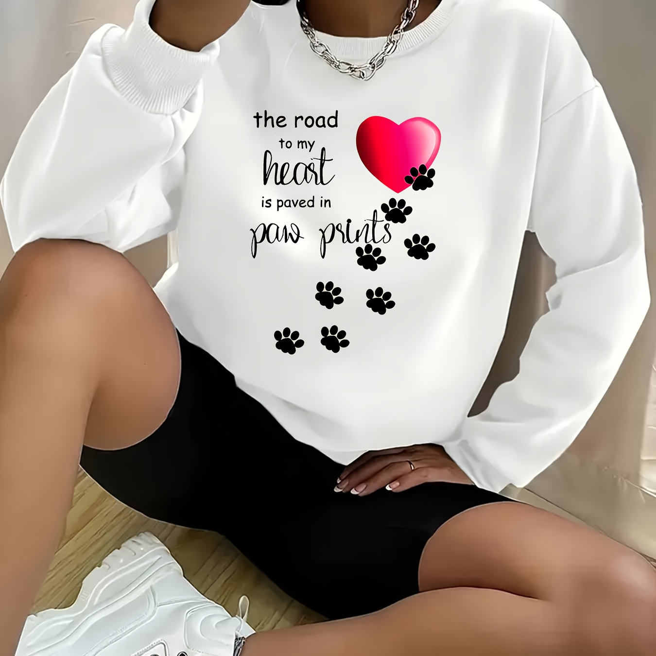 

Heart And Letter Print Pullover Sweatshirt, Casual Long Sleeve Crew Neck Sweatshirt For Fall & Winter, Women's Clothing