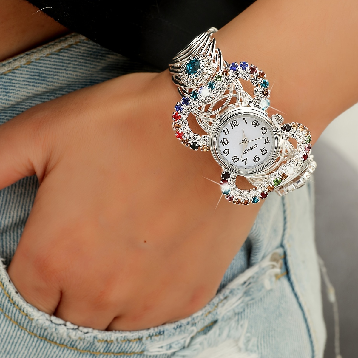 

Boho Round Quartz Watches Colorful Rhinestone Stretch Bangle Watch (rhinestone Color Is Random)