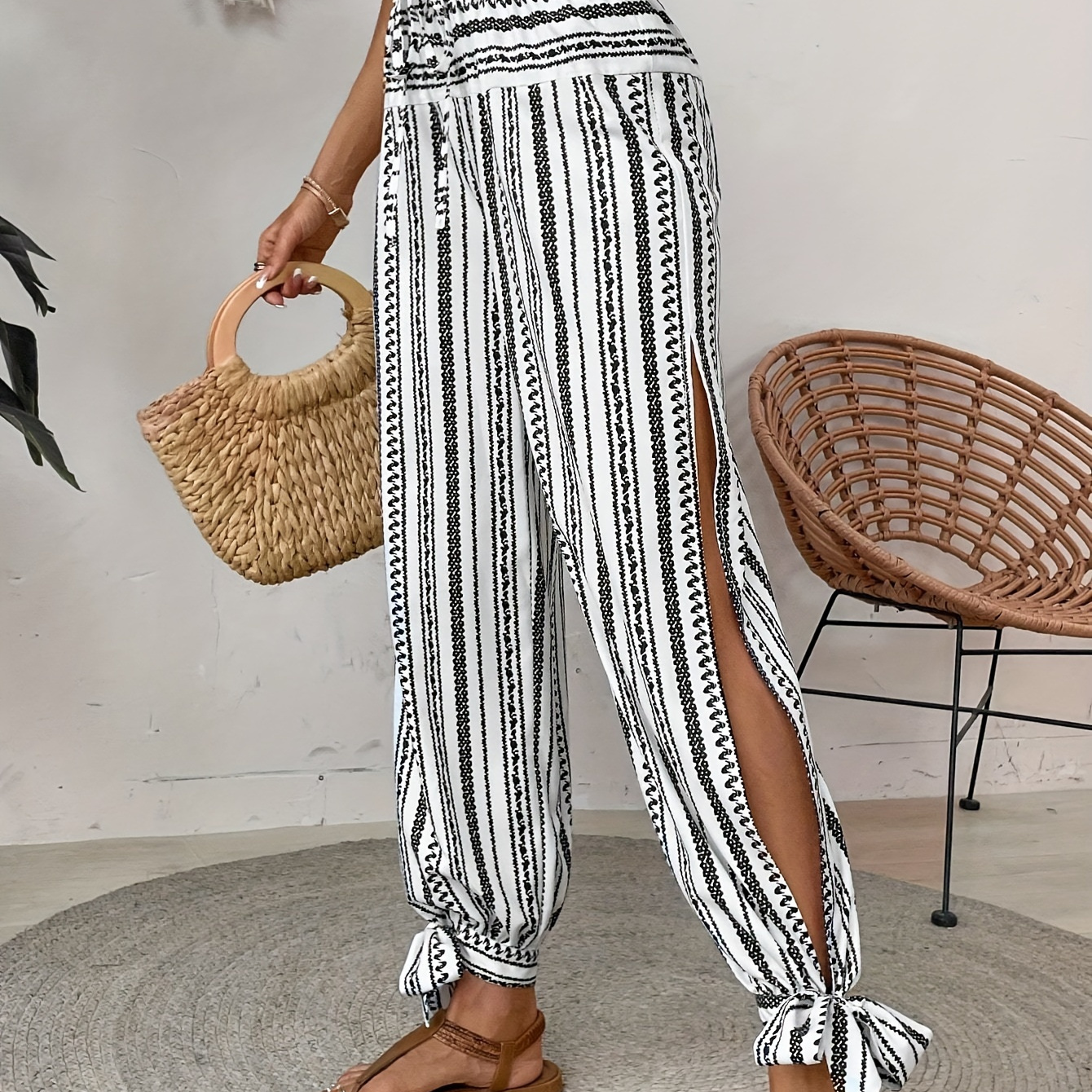 

Drawstring Waist Pants, Vacation Split Tie Pants For , Women's Clothing