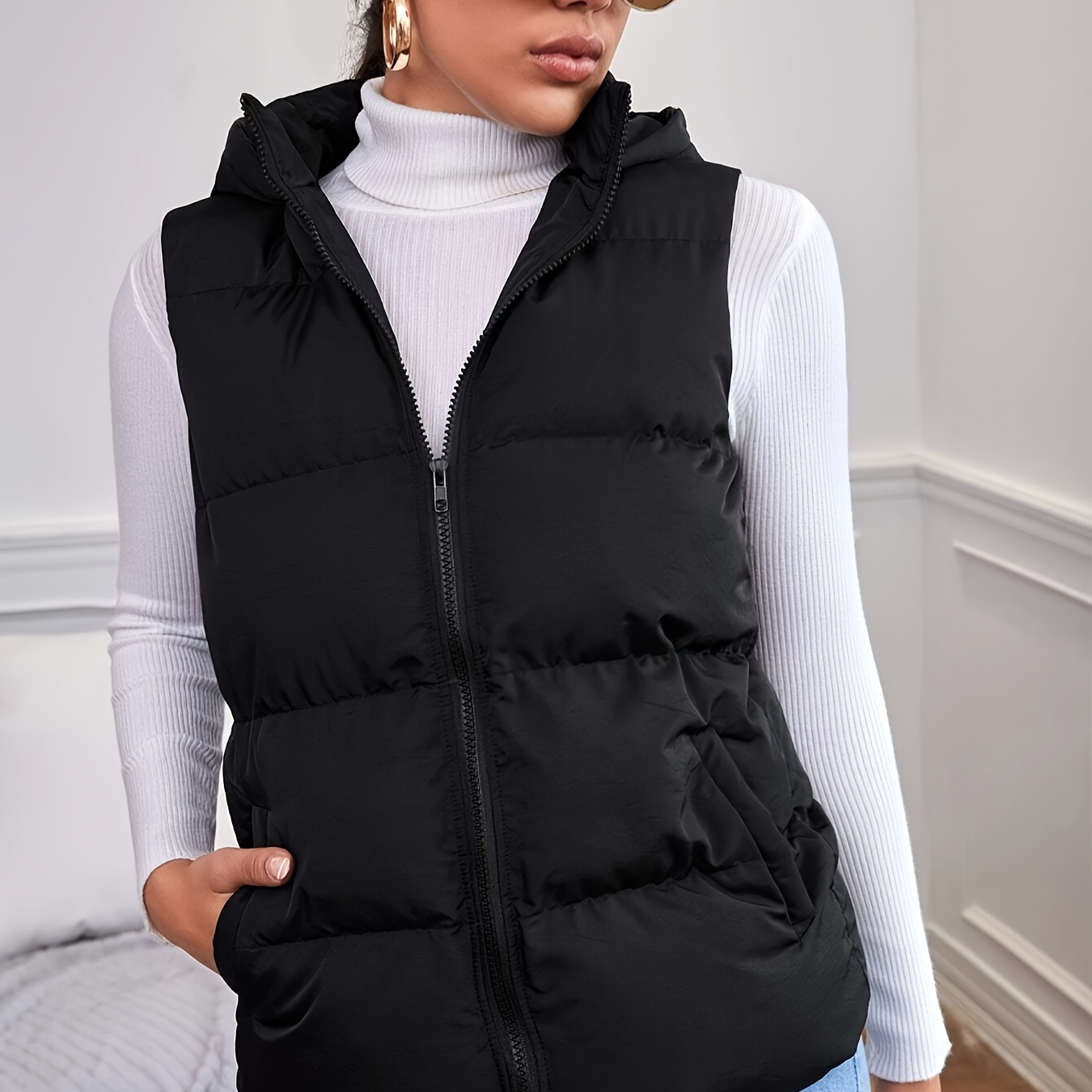 

Solid Color Zipper Sleeveless Vest, Versatile Puffy Hooded Vest For Fall & Winter, Women's Clothing