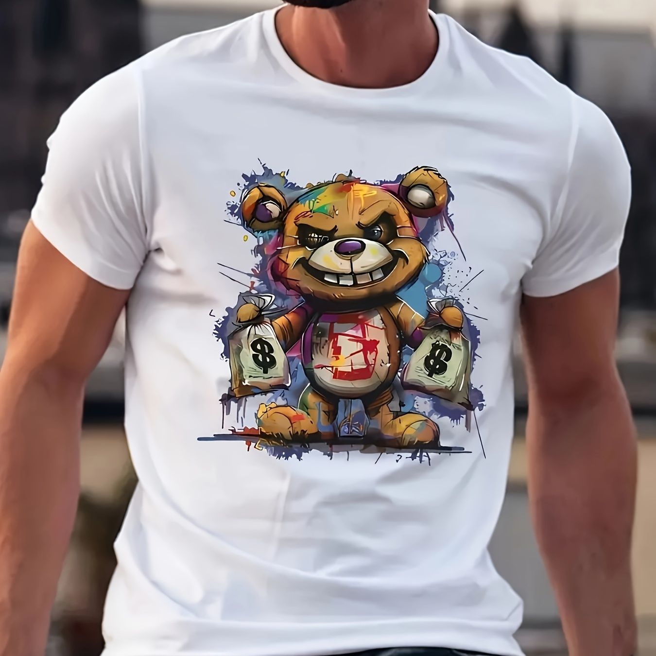 

Bear Graphic Print T-shirt Men's Casual Style Summer And Autumn Slightly Elastic Round Neck T-shirt