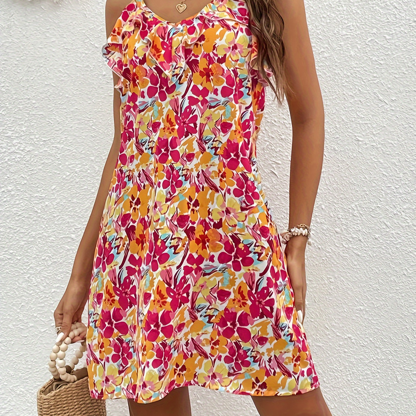 

Floral Print Ruffle Trim Cami Dress, Elegant V Neck Backless Dress For Spring & Summer, Women's Clothing