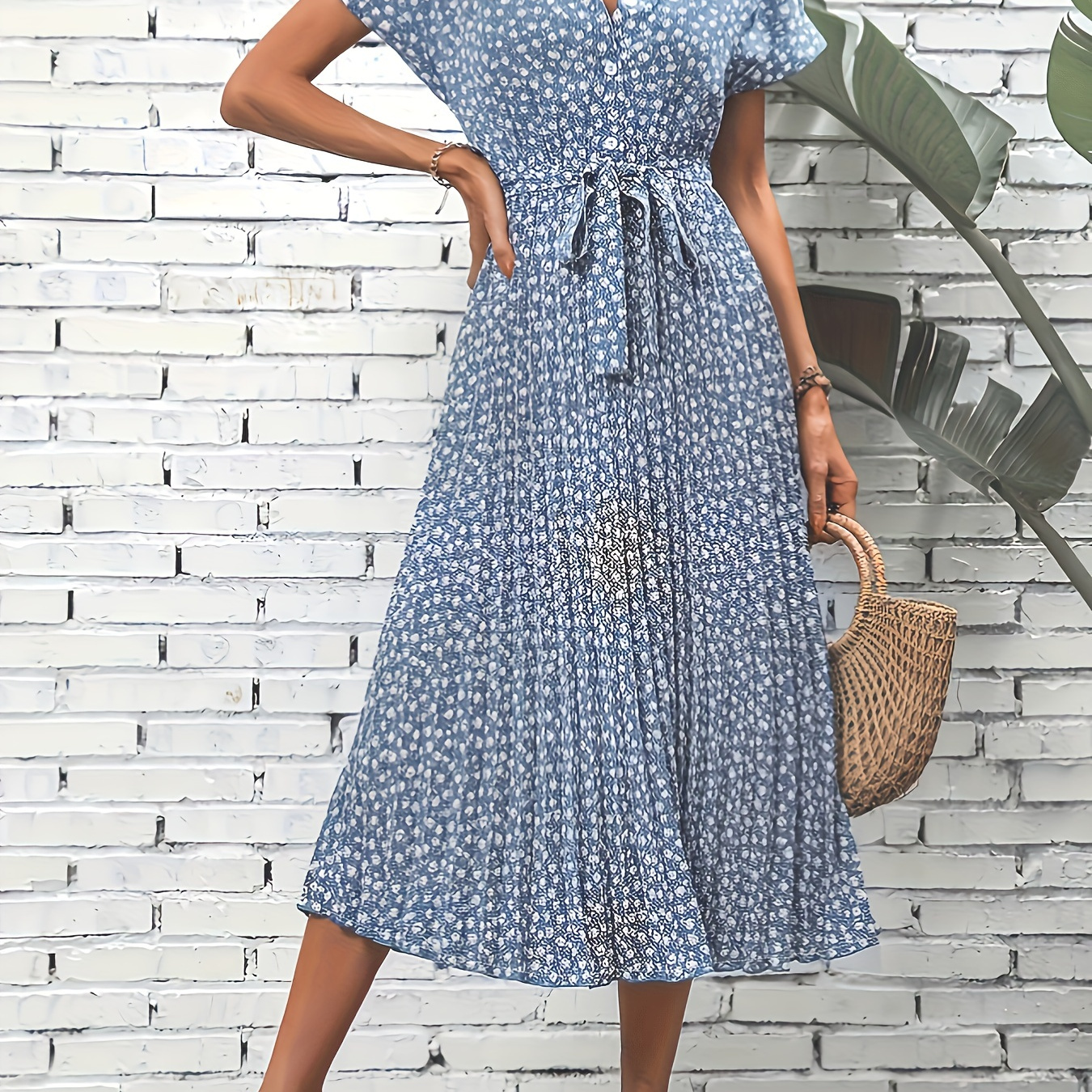 

Allover Print Belted Aline Dress, Vintage Pleated Short Sleeve Button Front Dress For Spring & Summer, Women's Clothing