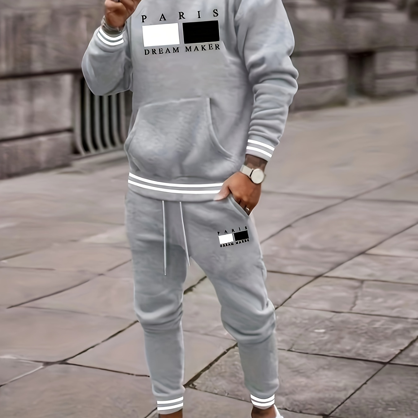 

Men's Casual 2-piece Outfit, Stylish Printed Long Sleeve Sweatshirt With Hood, Breathable Comfy Drawstring Pants