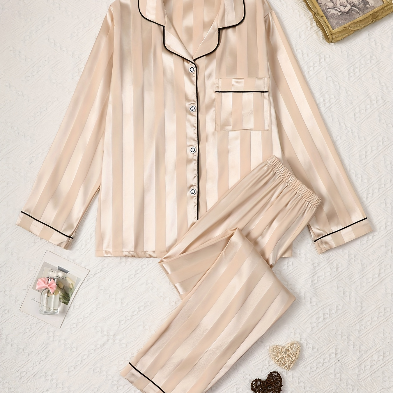 

Elegant Women's Satin Pajama Set With Striped Jacquard & Trim - Comfortable Button- And Waistband Pants, Machine Washable