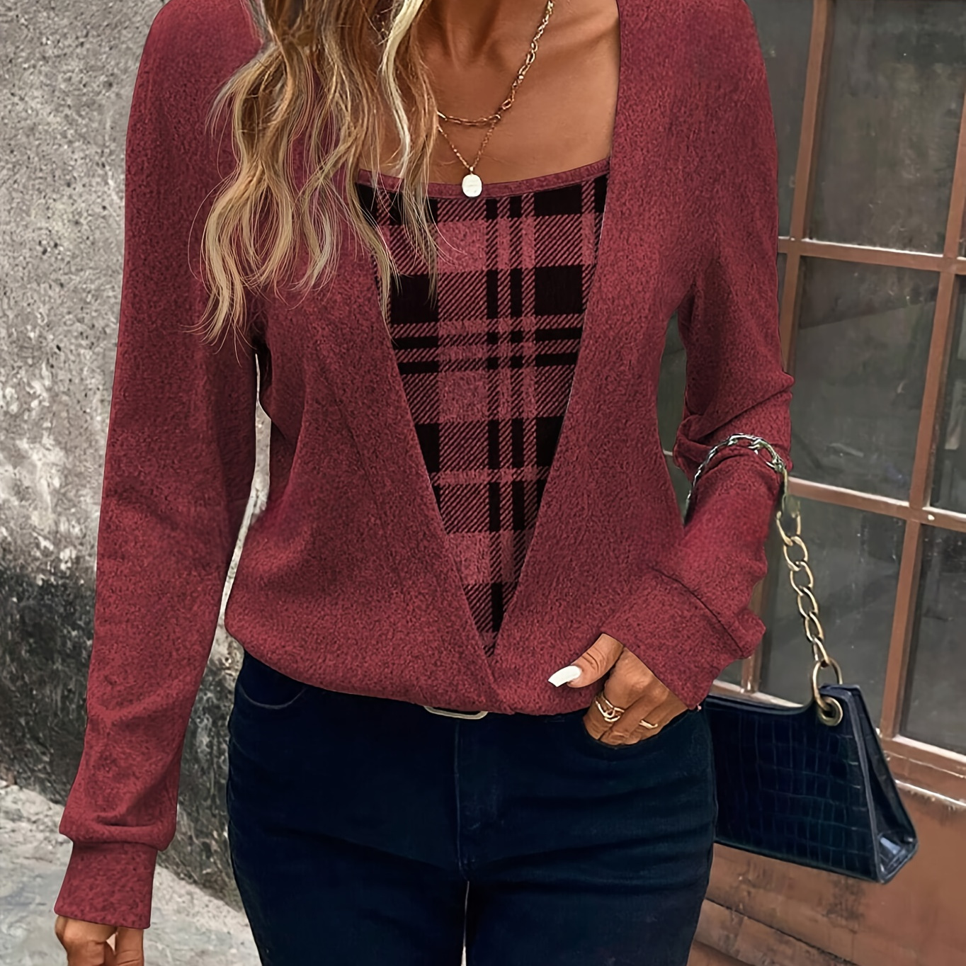 

Plaid Pattern Square Neck Splicing Top, Elegant Long Sleeve Color Block Top For Spring & Fall, Women's Clothing