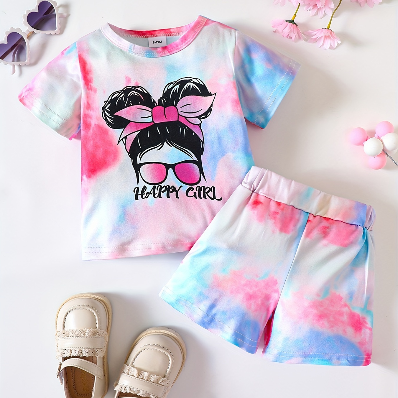 

Stylish Tie Dye Cartoon Figure Graphic Print T-shirt & Shorts 2pcs Set, Toddler Baby Girls Outfits