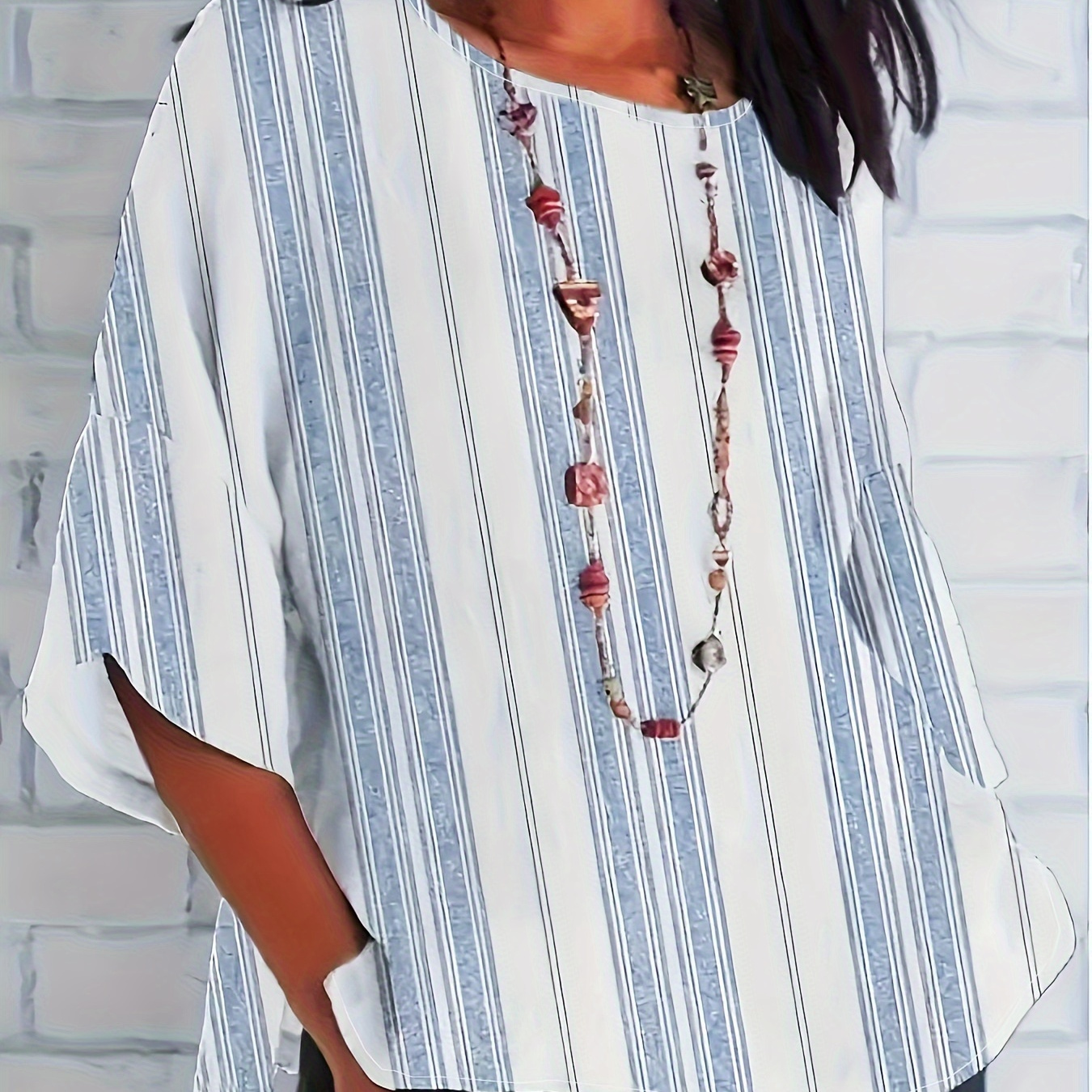 

Plus Size Striped Print Top, Casual Crew Neck Short Sleeve Top, Women's Plus Size clothing