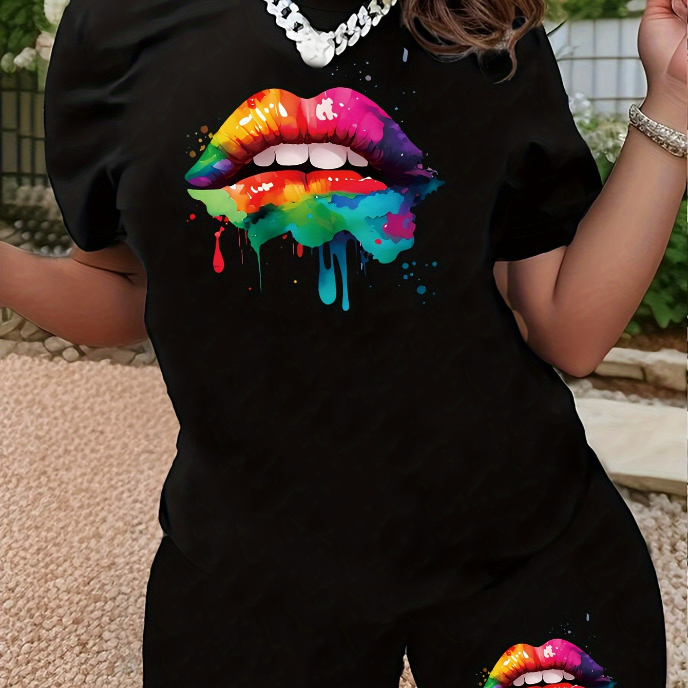 

Colorful Lip Print Casual 2 Piece Set, Drop Shoulder Short Sleeve T-shirt & Short Leggings Outfits, Women's Clothing