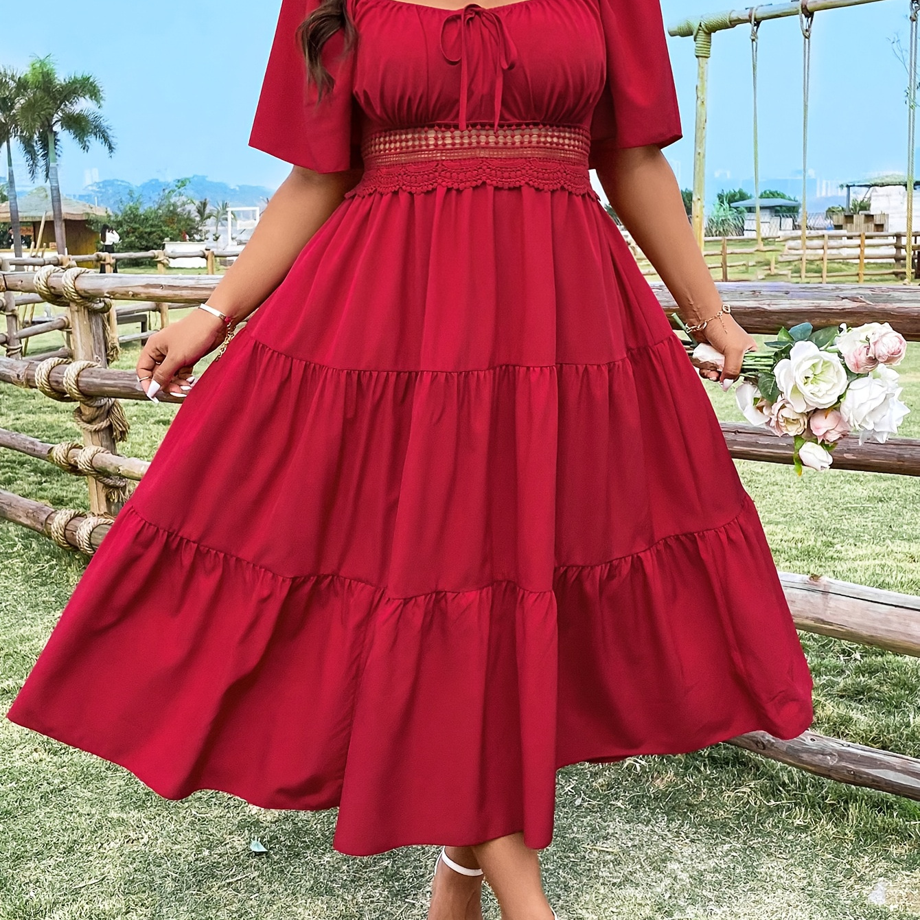 

Plus Size Tie Front Shirred Tiered Dress, Elegant Short Sleeve Dress For Spring & Summer, Women's Plus Size Clothing