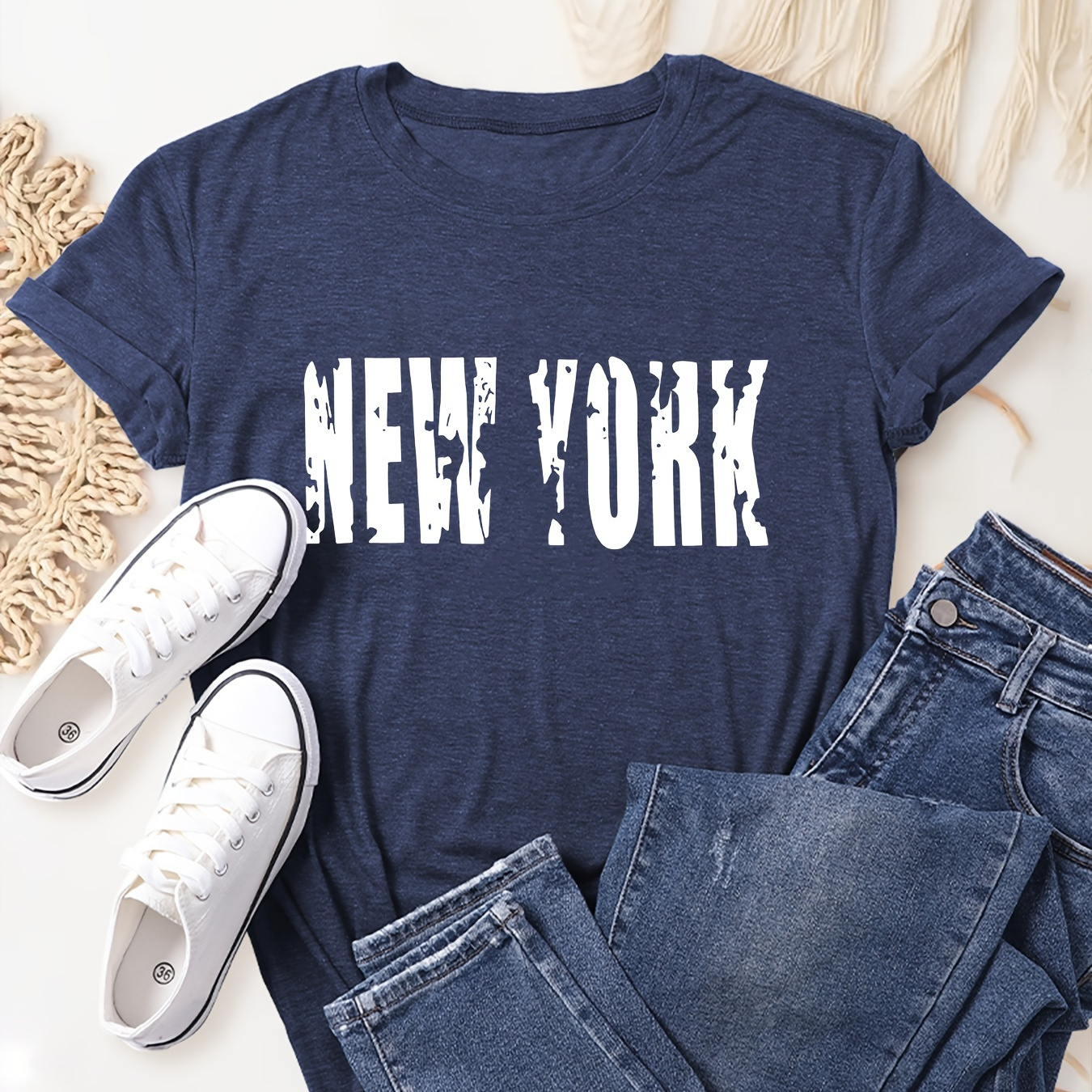 

New York Print T-shirt, Short Sleeve Crew Neck Casual Top For Summer & Spring, Women's Clothing