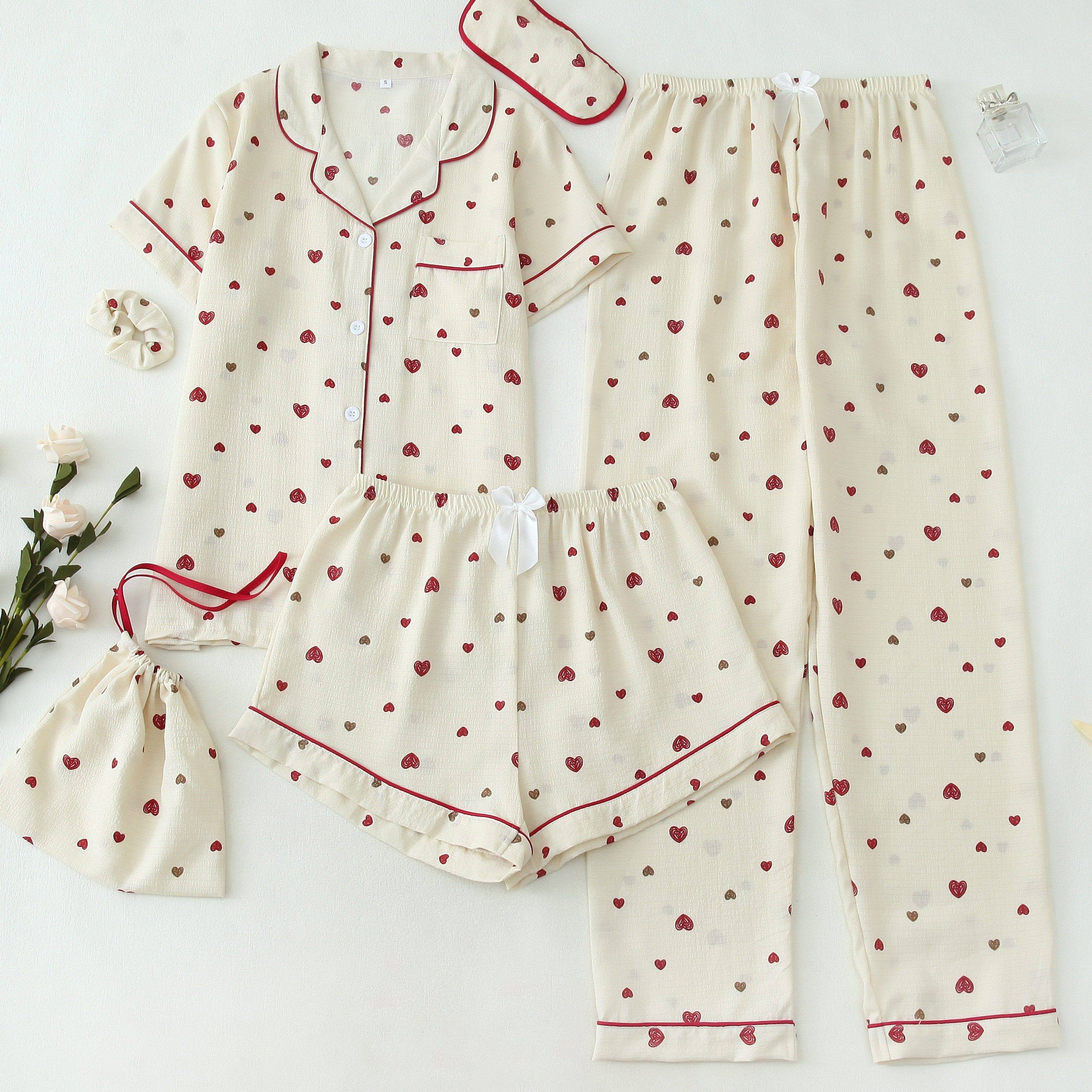 

Heart Pattern Women's Pajama Set, 6-piece Casual Polyester Sleepwear With Reversible Collar, Woven Adult Pajamas