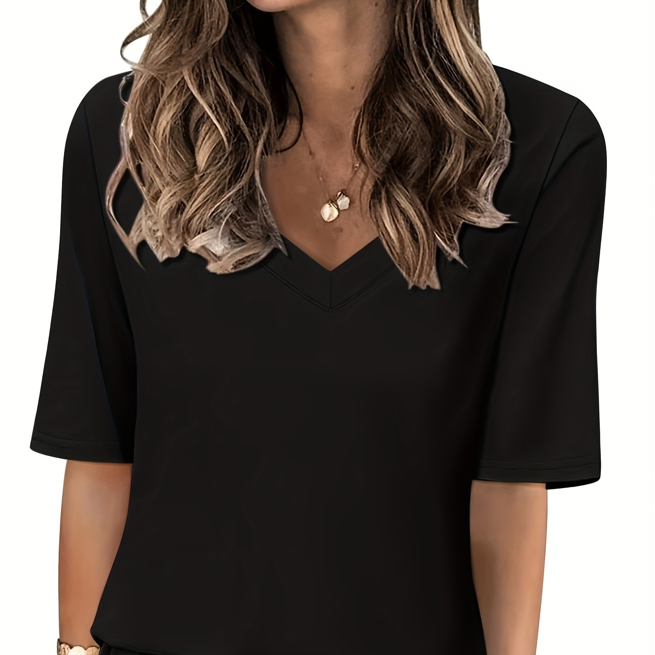 

Solid Color V-neck T-shirt, Versatile Simple Short Sleeve T-shirt For Spring & Summer, Women's Clothing