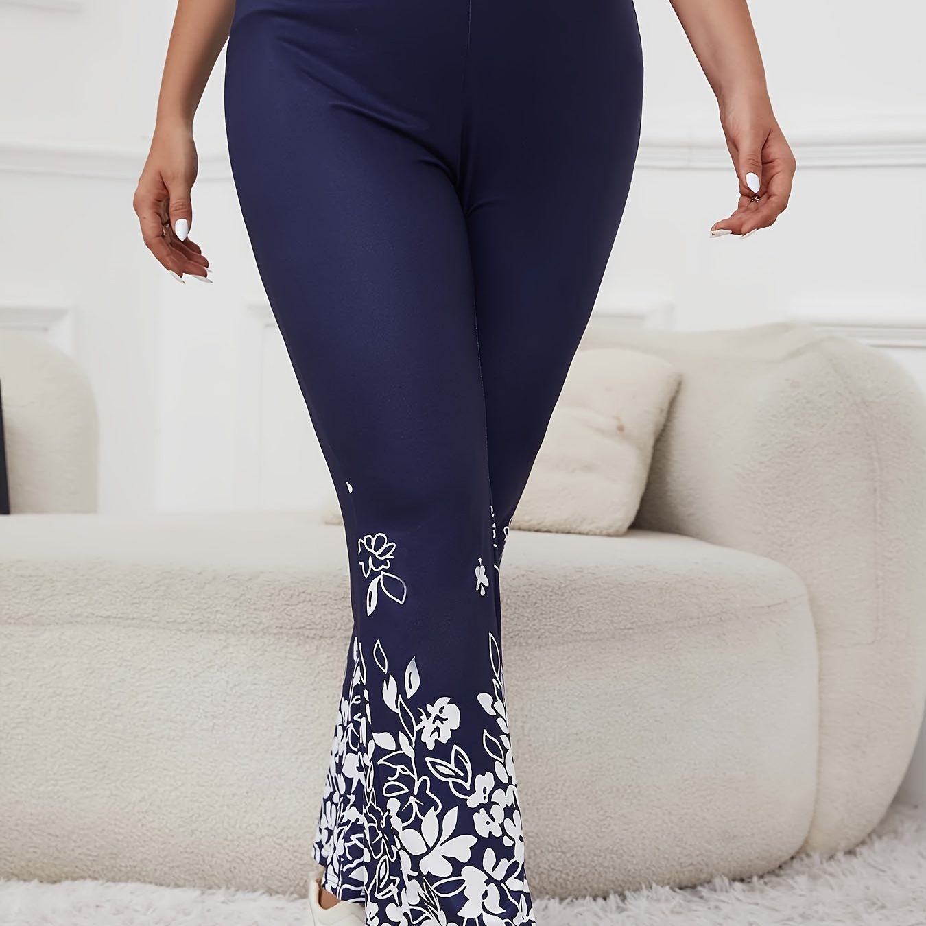 Plus Size Casual Pants Women's Plus Floral Print Waist Band - Temu