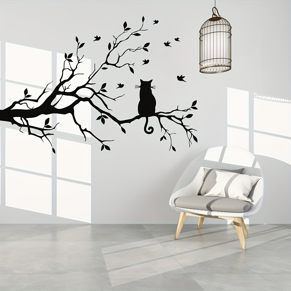 

1pc Cute Cat On A Tree Branch Wall Sticker - Perfect For Living Room, Sofa, Bedroom Decor - Easy To Apply Wallpaper For Home Decoration