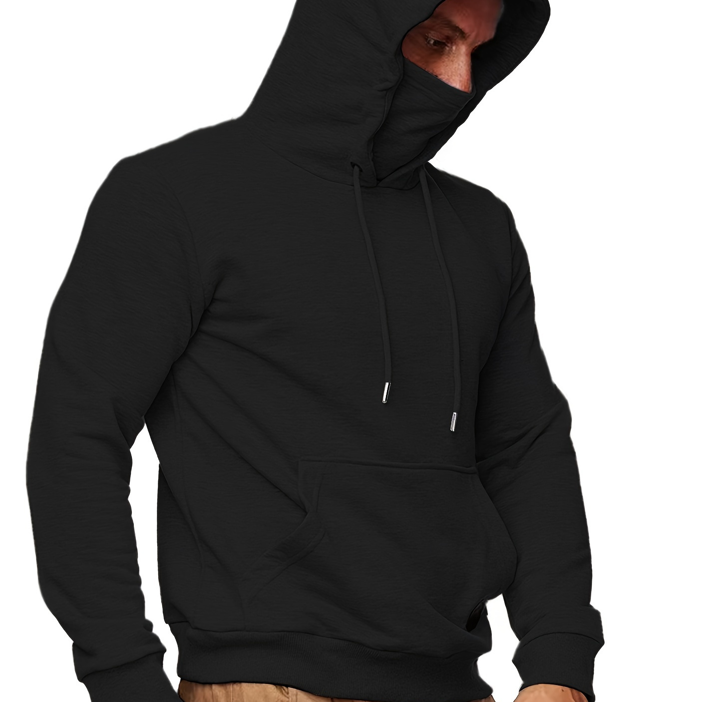 

Men's Fleece-lined Hoodie With Face Mask - Casual Pullover For Fall & Winter, Sporty Outdoor Sweatshirt With Pockets