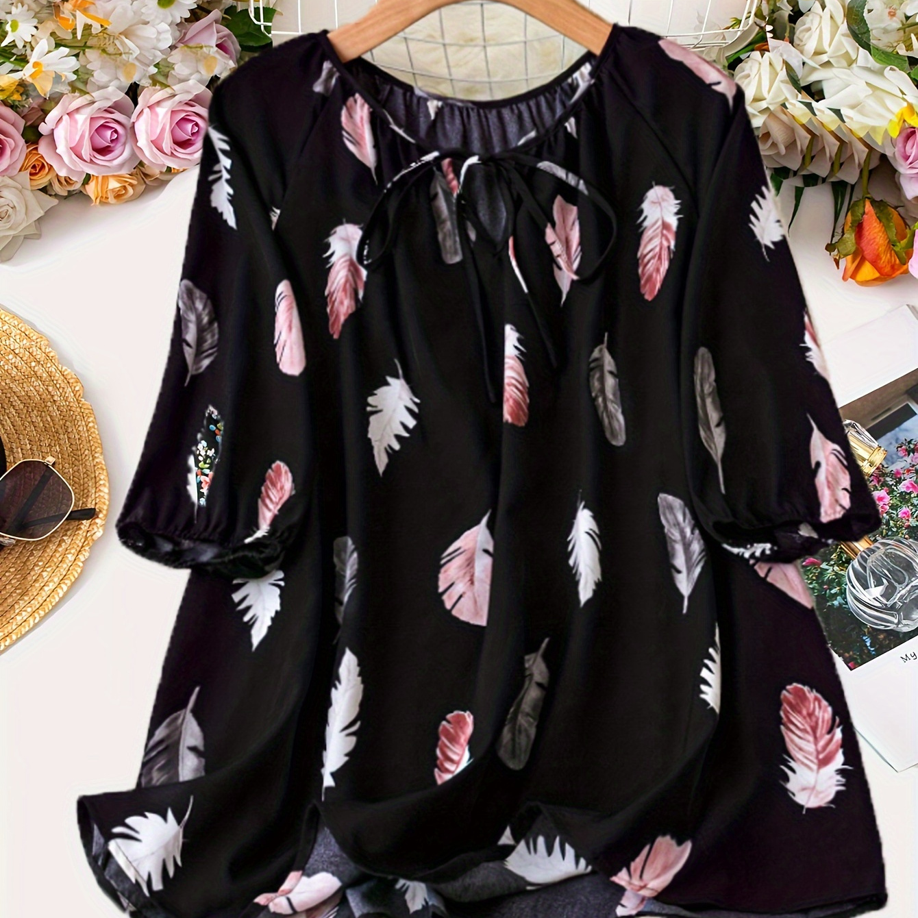 

Plus Size Feather Print Crew Neck Blouse, Casual Tie Front Blouse For Spring & Fall, Women's Plus Size Clothing