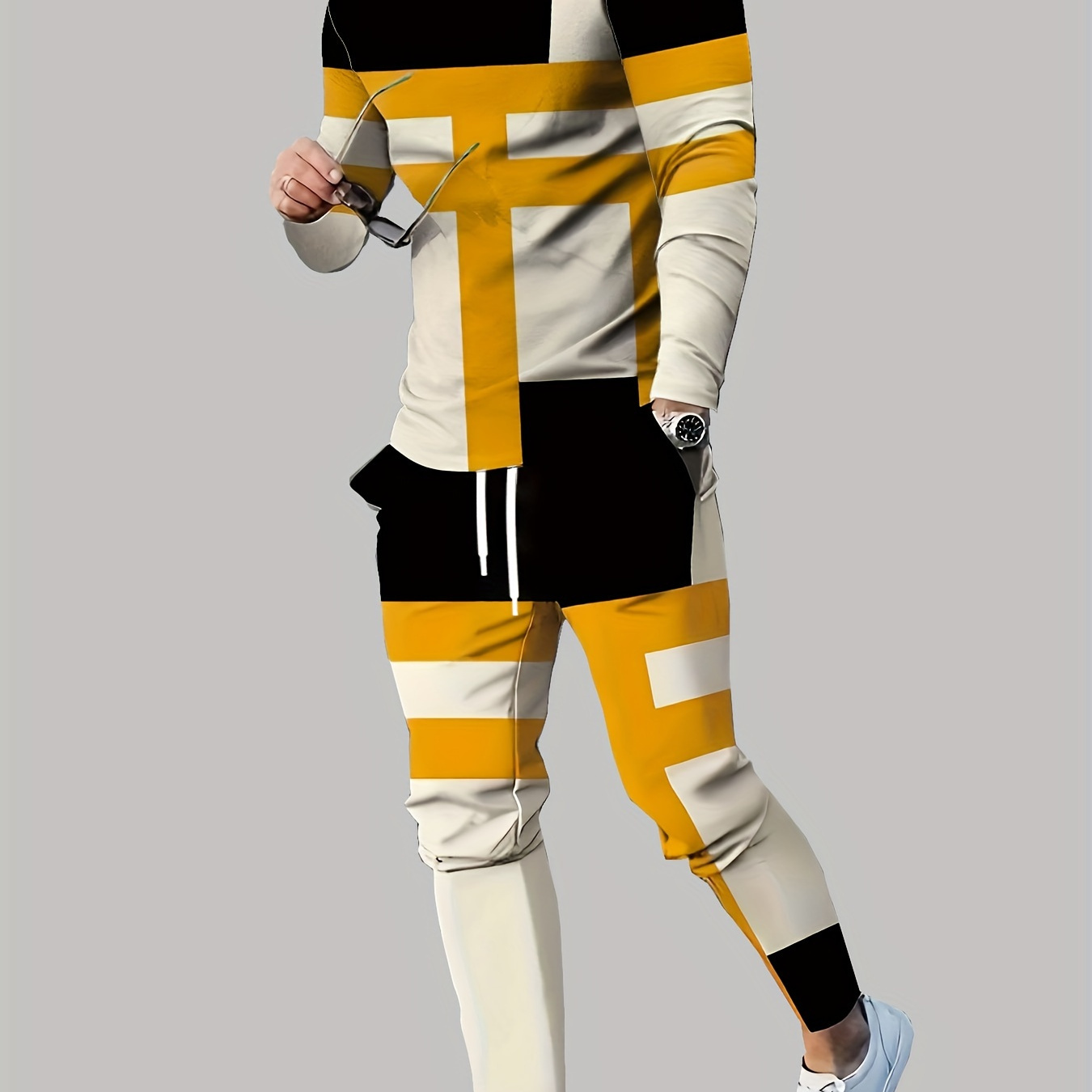 

Men's 2-piece Pajama Set, Stretch Short Sleeve Tshirt& Pants, Fashion Style With 3d Printed Stripes