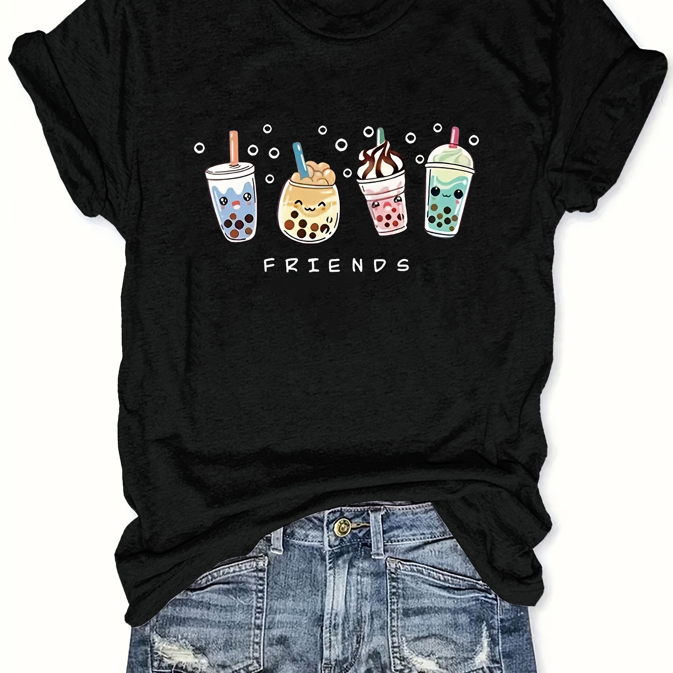 

Plus Size Drinking & Friends Print T-shirt, Casual Short Sleeve Crew Neck Top For Spring & Summer, Women's Plus Size Clothing