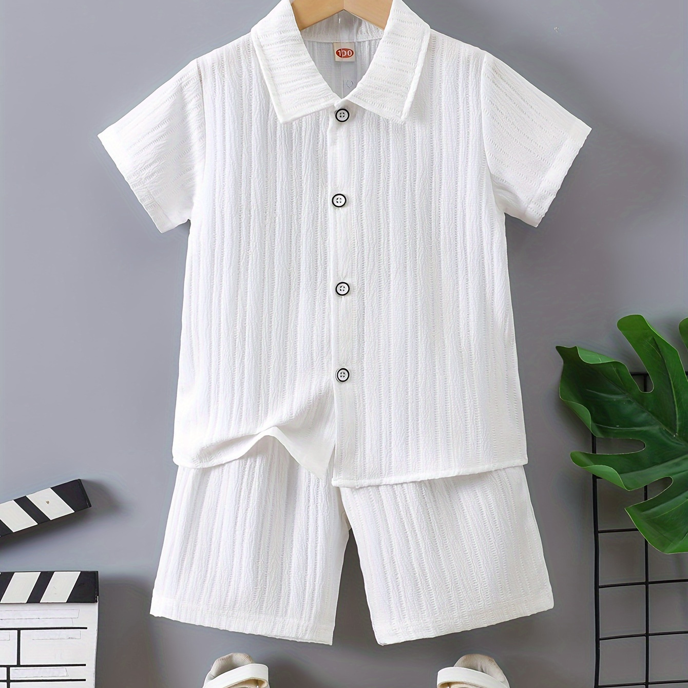 

2pcs Boys Casual Solid Color Short Sleeve Lapel Shirt & Shorts Set, Comfy Summer Boys Clothing