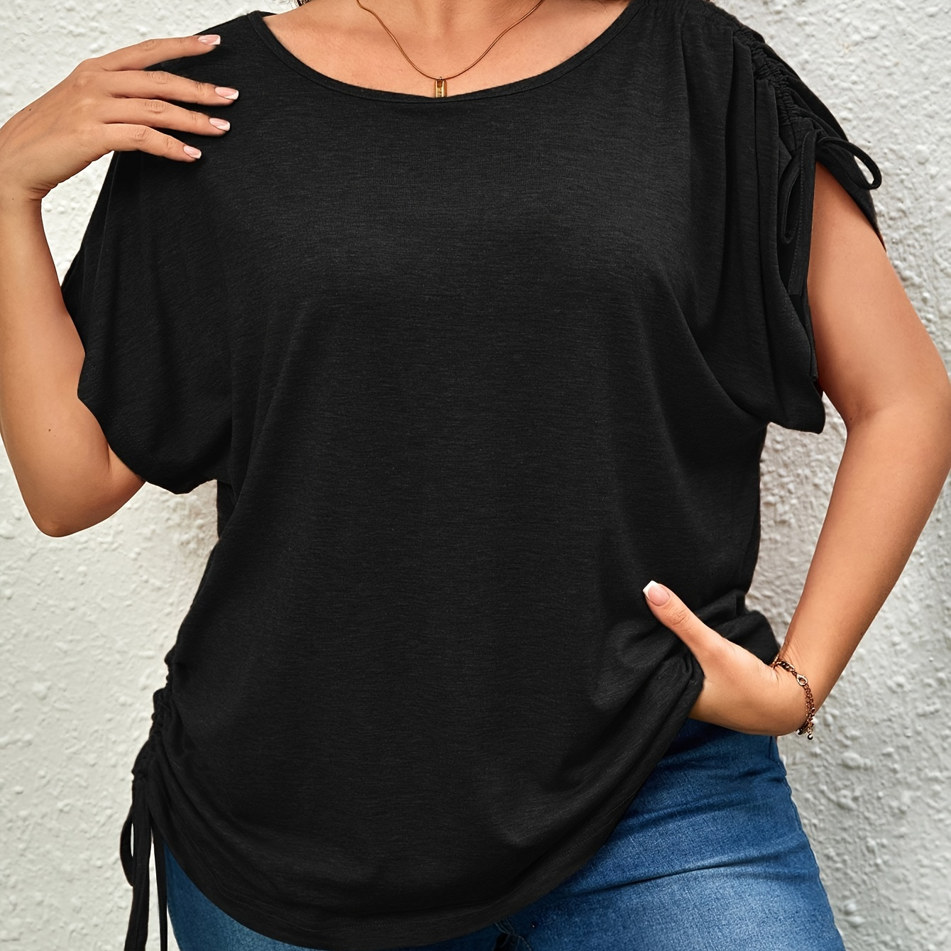 

Plus Size Casual T-shirt, Women's Plus Solid Drawstring Ruched Short Sleeve Round Neck Slight Stretch T-shirt